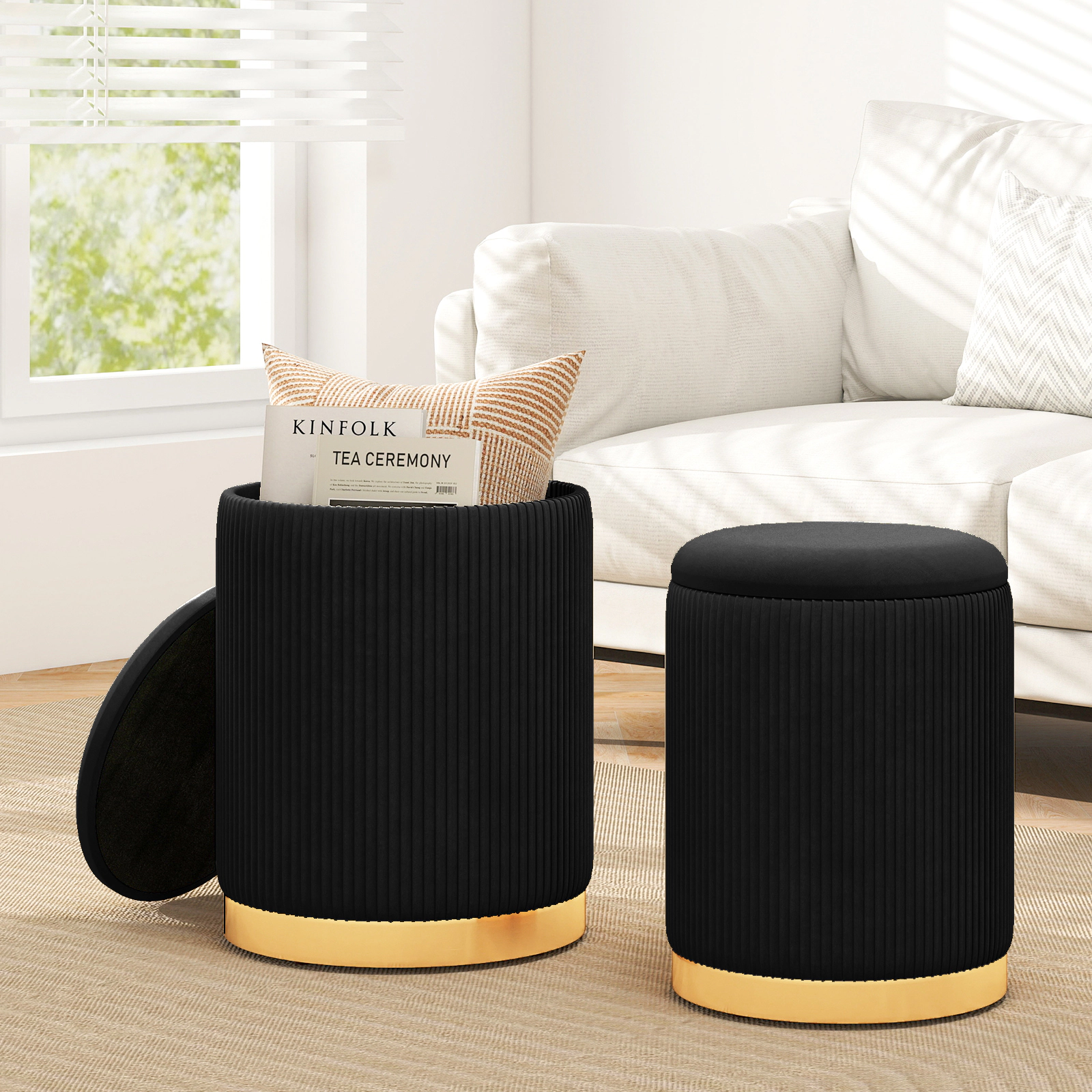 LJG Velvet/Linen Fabric Storage Ottoman Set of 2