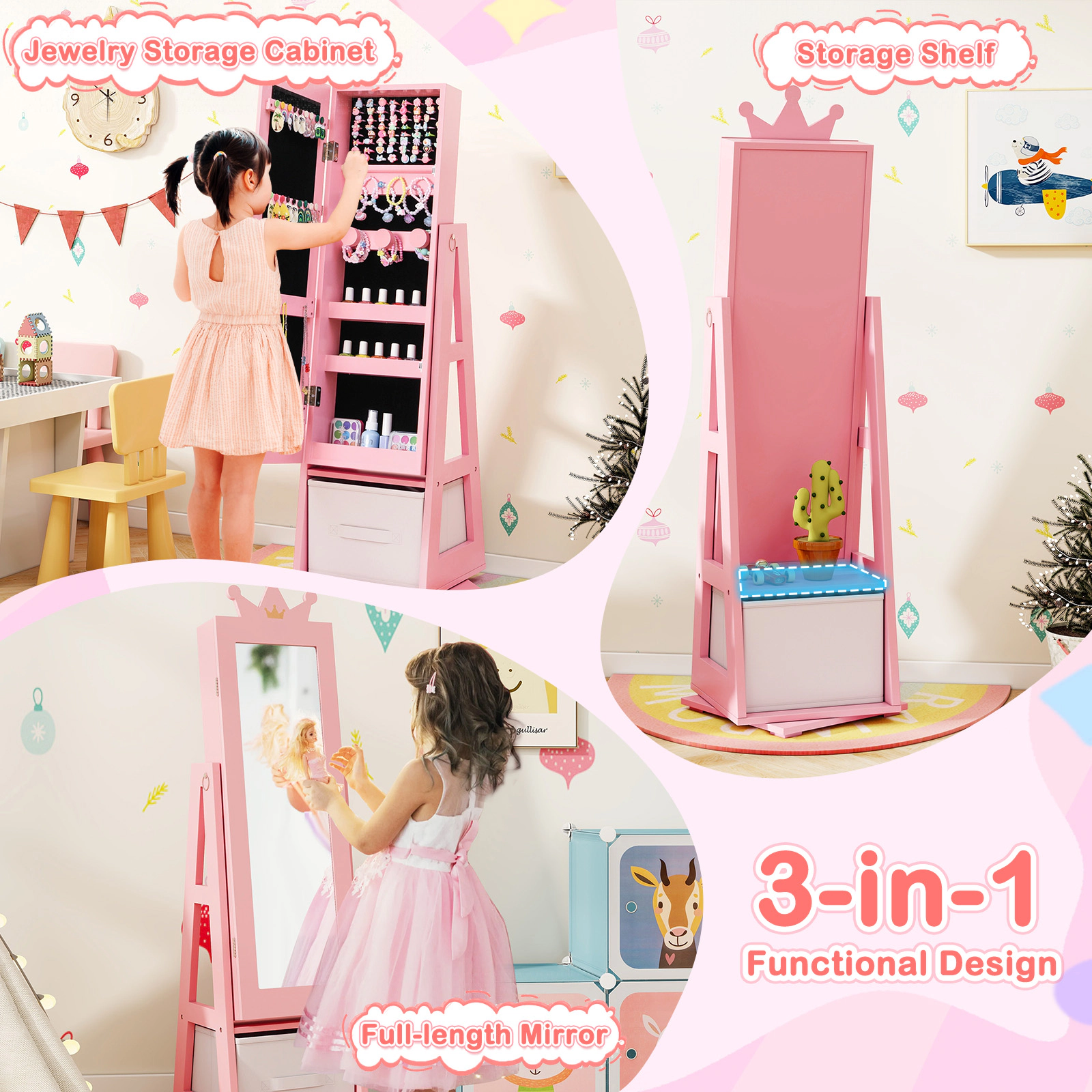 SUGIFT Full-Length Mirror Kids Jewelry Armoire Cabinet Vanity with Swivel Base 46-in Tall Pink and White