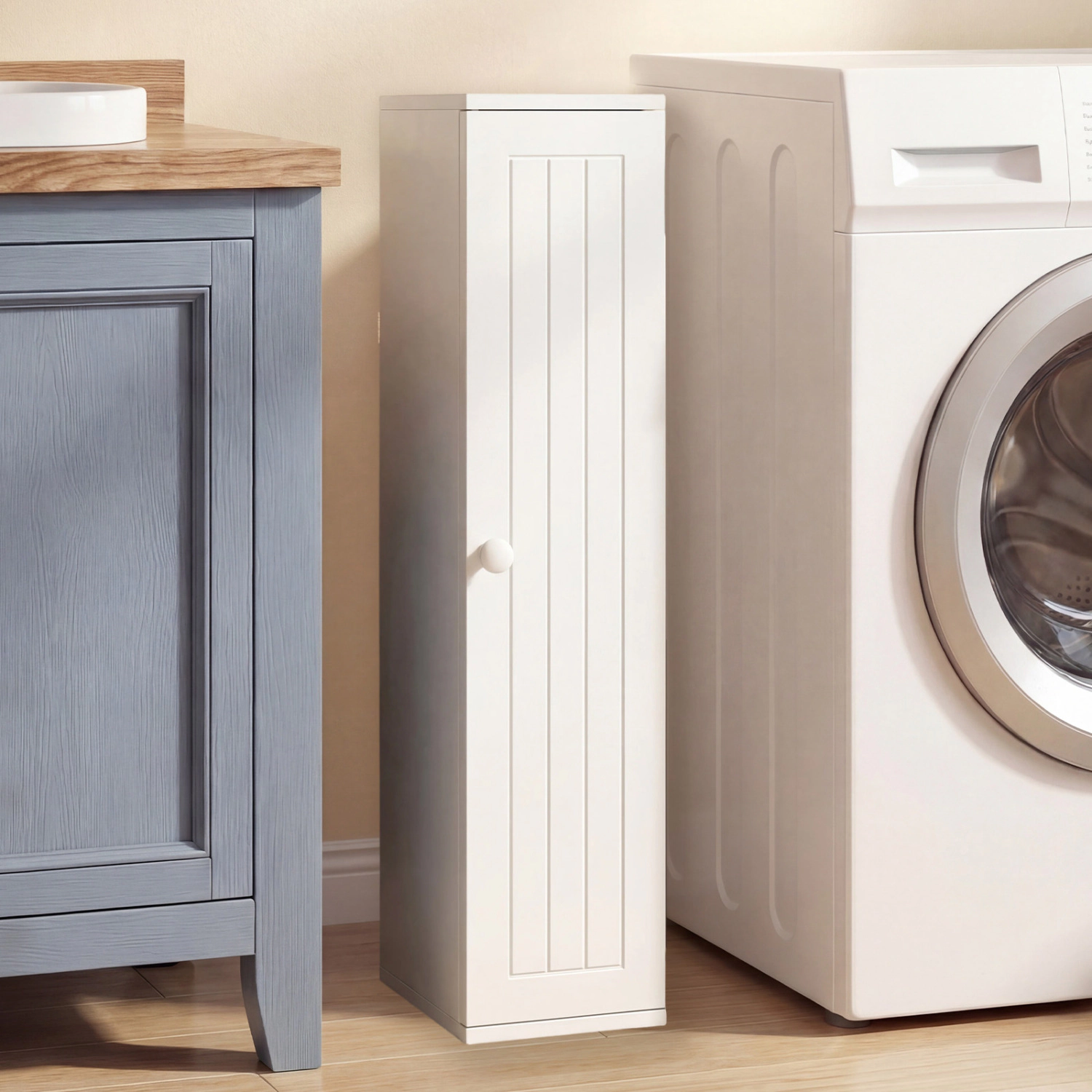 Slickblue Tall Slim Bathroom Cabinet White MDF Floor Standing Storage for Small Spaces