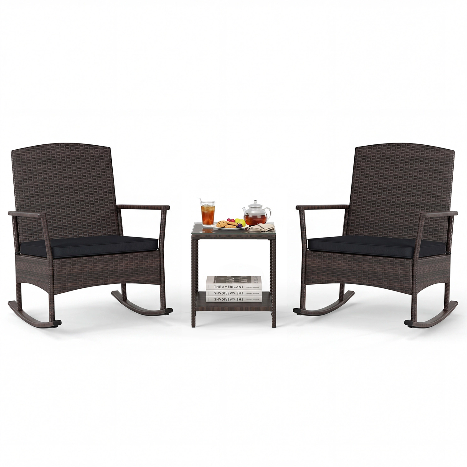 LJG 3 Piece Patio Rocking Set Wicker Chairs with 2-Tier Coffee Table