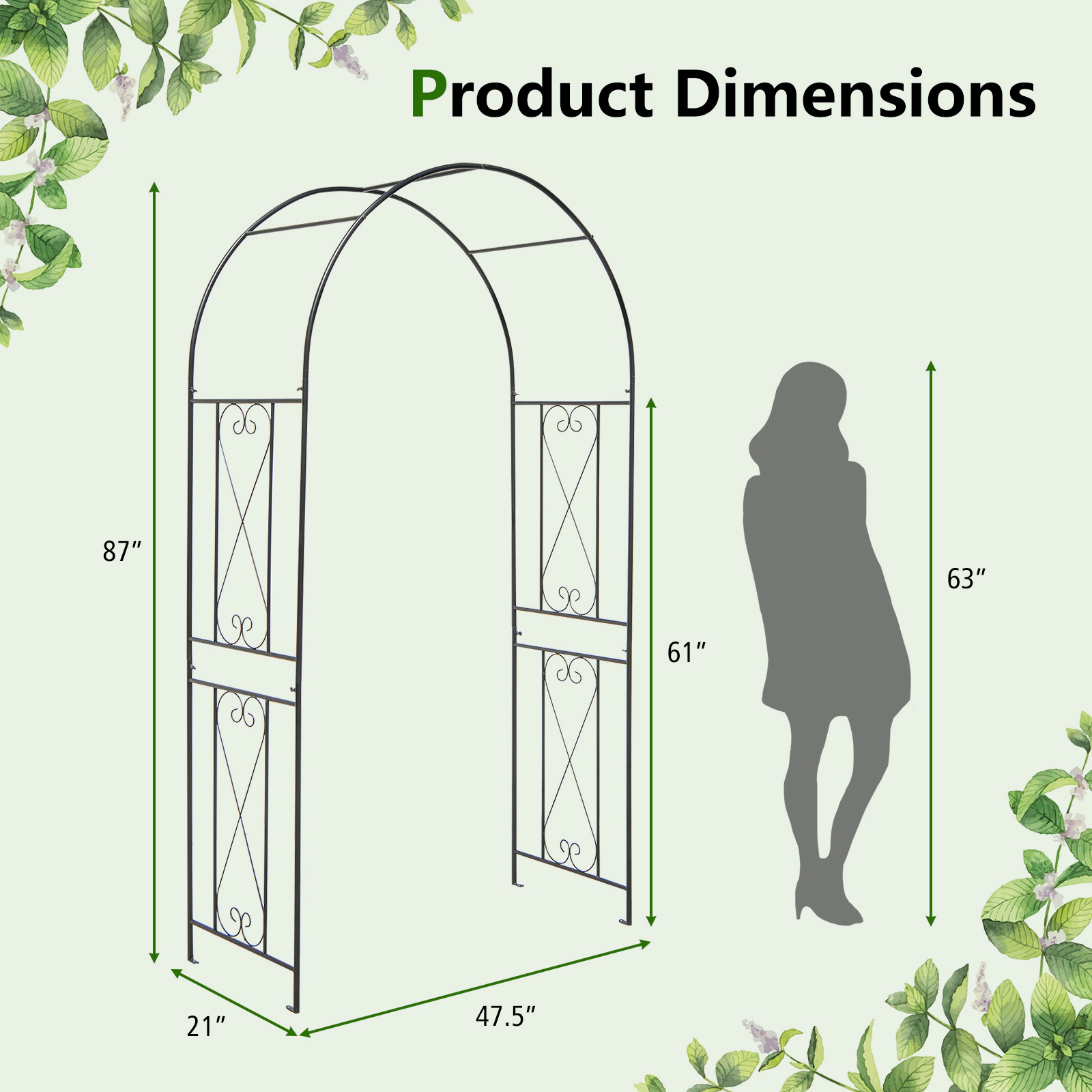 SUGIFT 87-in Black Metal Garden Arch Arbor Trellis with 61-in Side Trellises and 4 Ground Stakes