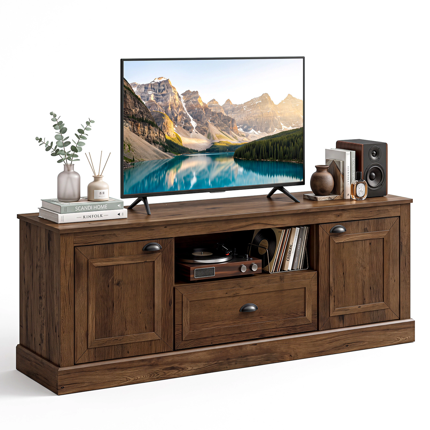 LJG Retro Farmhouse TV Stand for 70" TVs with 2 Doors & Removable Shelves