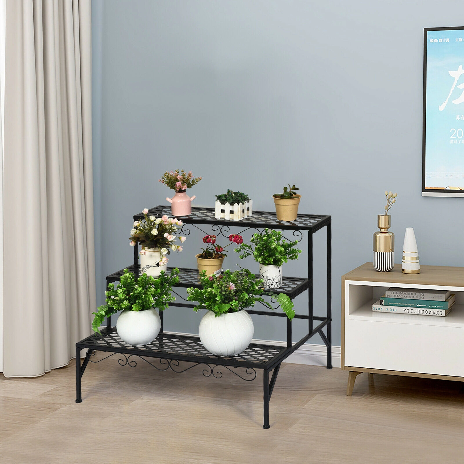 SlickBlue Metal 3 Tier Plant Stand Storage Rack Black Steel Organizer for Indoor Outdoor Spaces