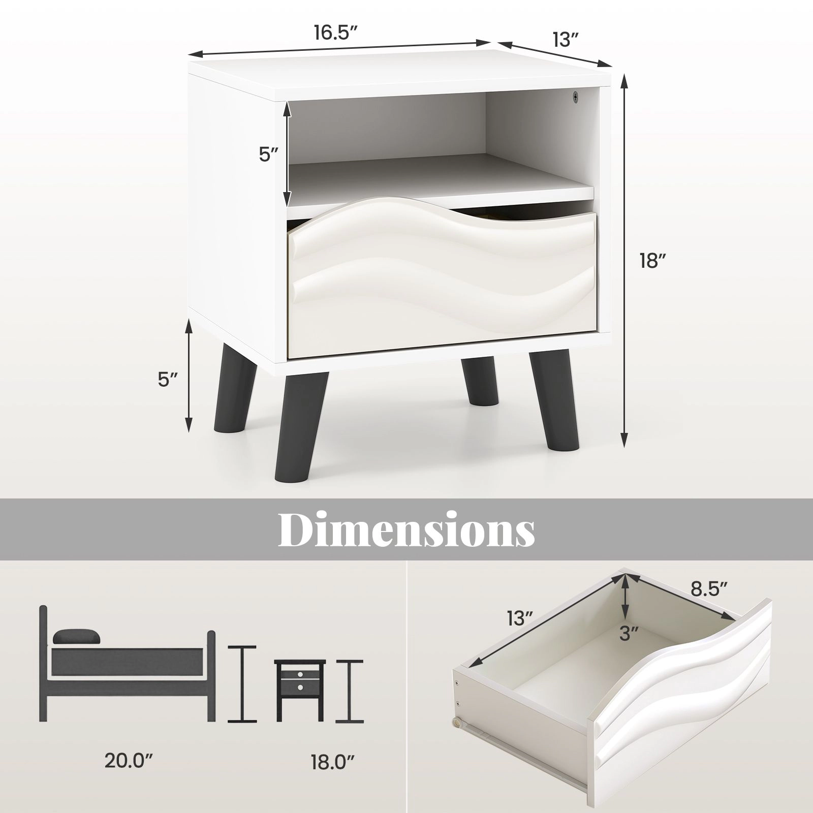 SlickBlue Modern Nightstand with Drawer and Open Shelf