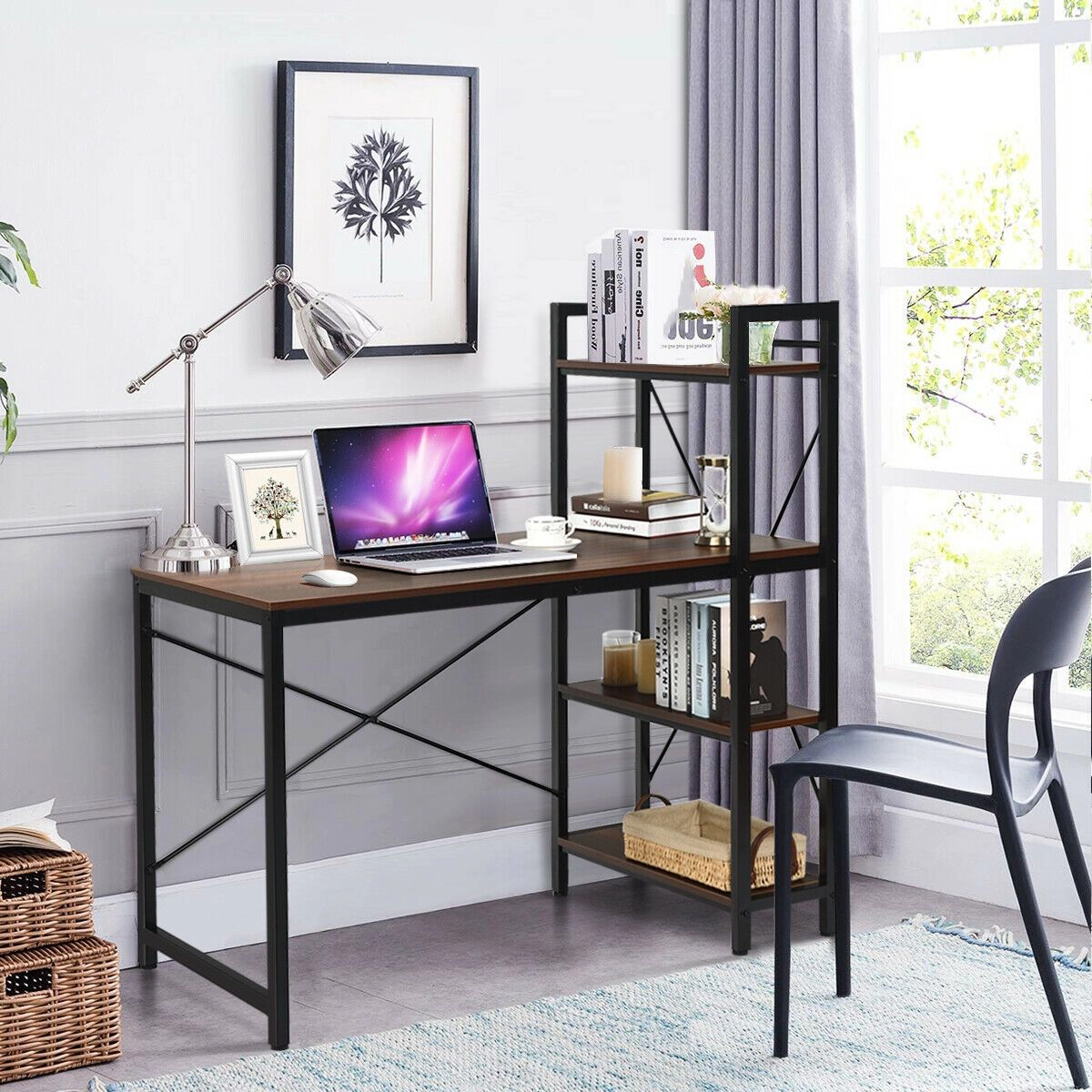 SlickBlue Computer Desk with 4-Tier Shelf and X-Frame