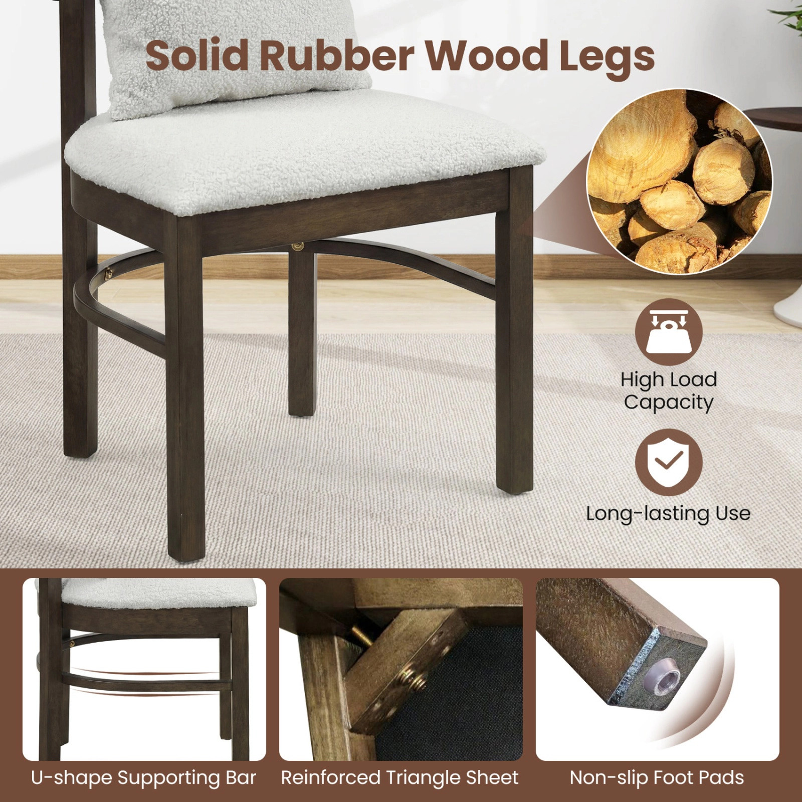 SUGIFT Fabric Upholstered Wood Dining Chairs Set of 4 with Removable Pillow 330-Lb Capacity Gray + Brown