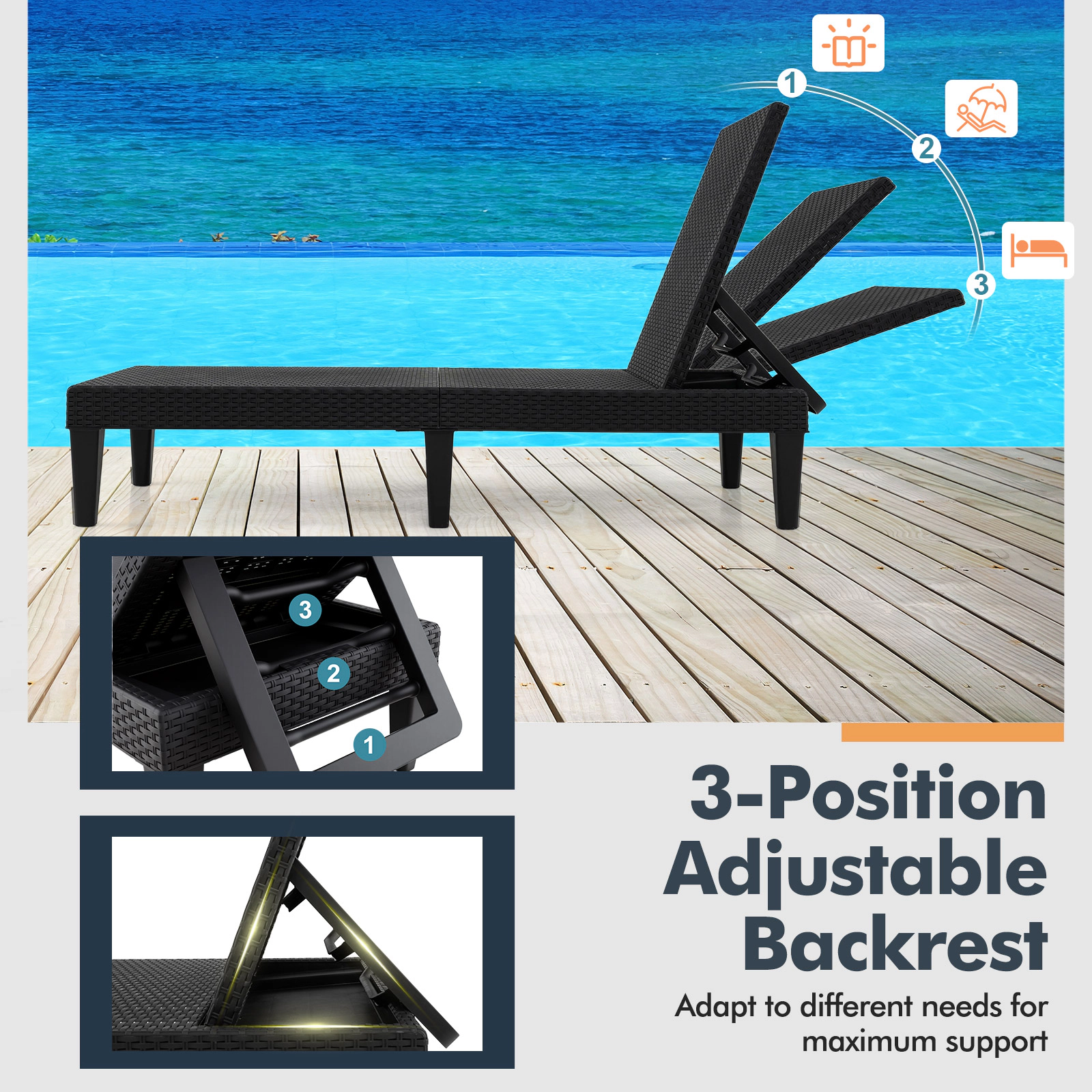 SUGIFT 4-Position Adjustable Outdoor Chaise Lounge Chair 330-lb Capacity with Faux Rattan Texture Black