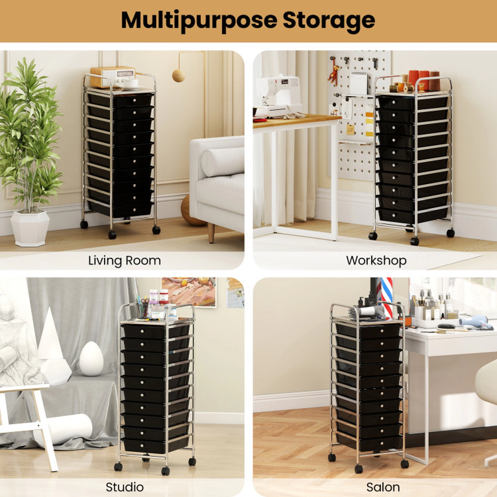 SUGIFT 38-in Tall 10-Drawer Rolling Cart Chrome Frame Drawer Tower for Dorm Closet and Bedroom Storage