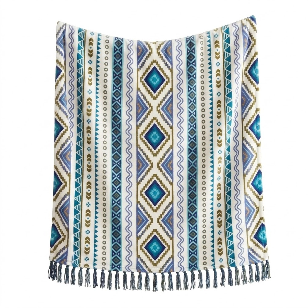 Technopliance Boho Tassel Throw Blanket 50 x 60 Inch Blue White
