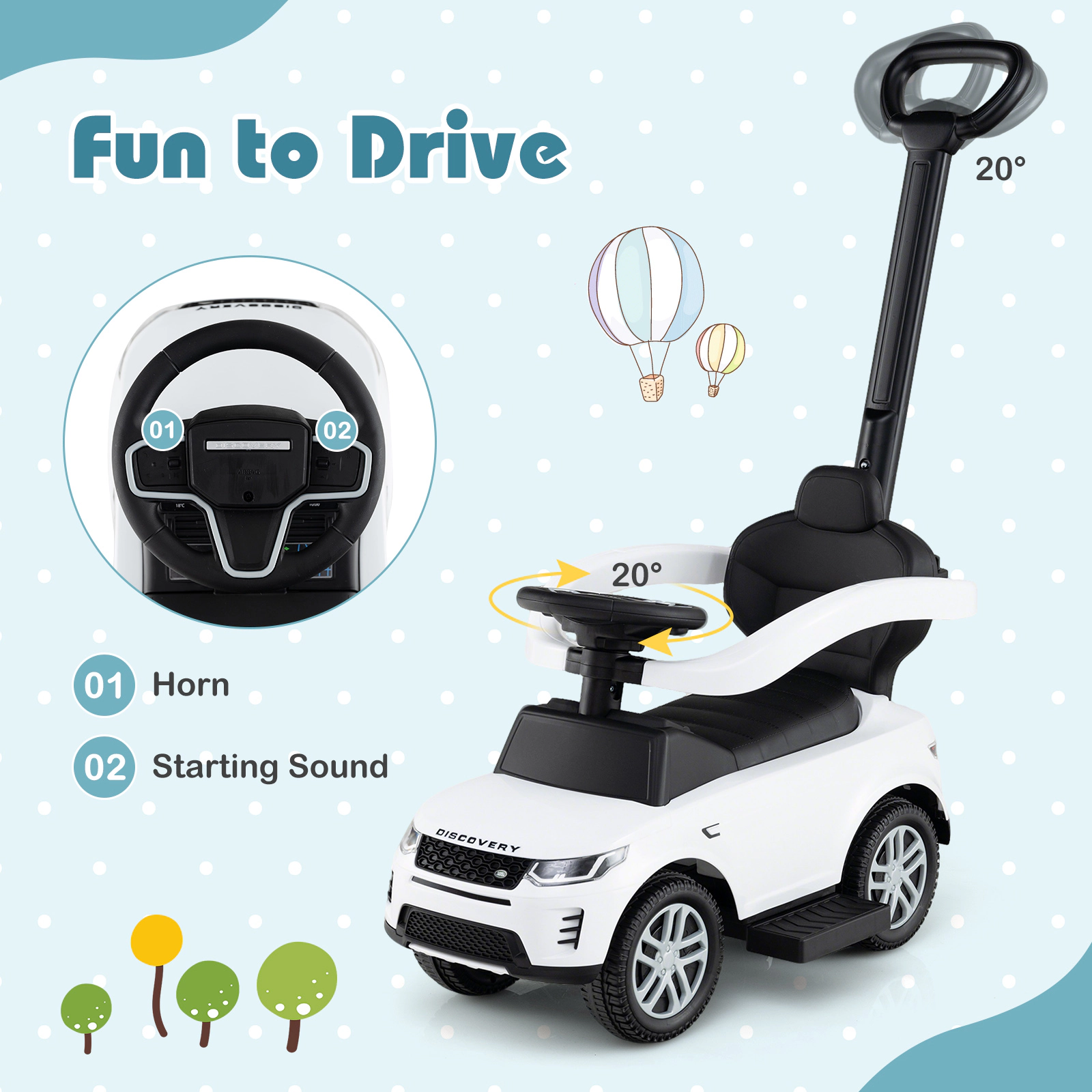 SUGIFT 3-in-1 Push Walking and Sliding Ride-On Car with Handle and Guardrail 55-lb Capacity Ages 18-36 Months White