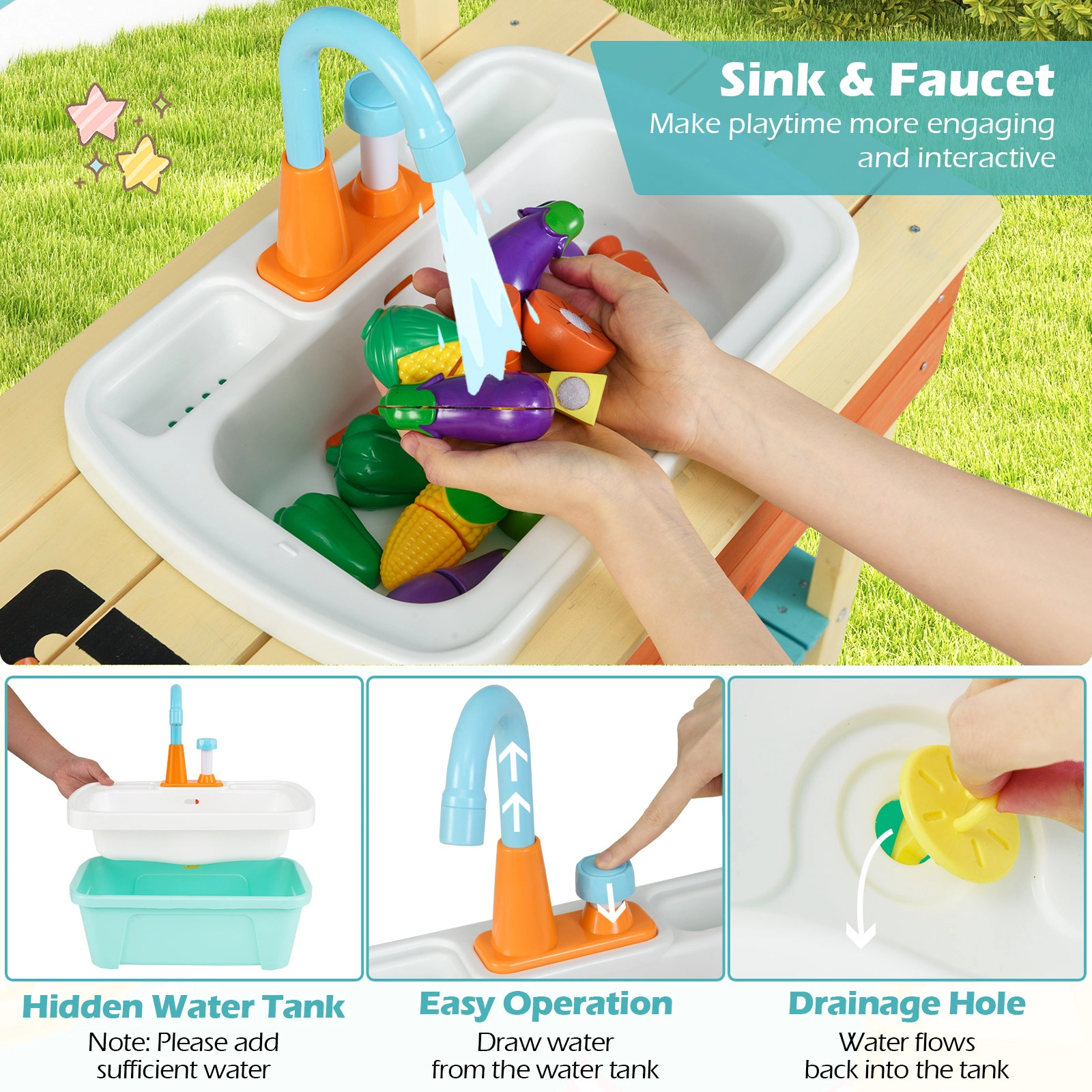 SUGIFT Wooden Mud Play Kitchen Set with Grill Rack Sink and Gardening Tools Ages 3-8 Multi-Color