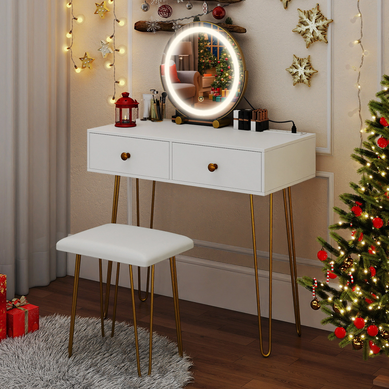 SUGIFT Vanity Desk with 16-in Round Lighted Mirror on 360-Degree Mount Metal Legs and Power Outlets