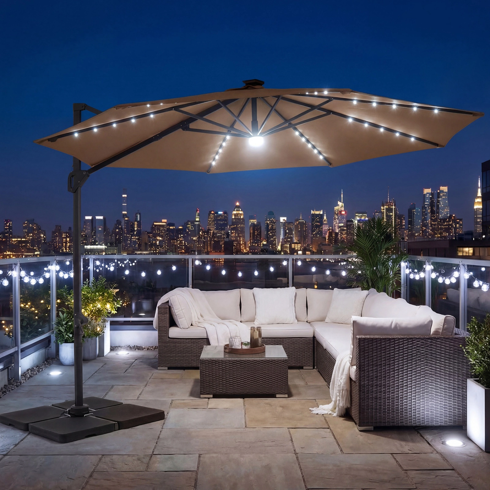 SUGIFT 10 ft Cantilever Patio Umbrella with 29 Solar LED Lights and 360 Degree Rotation