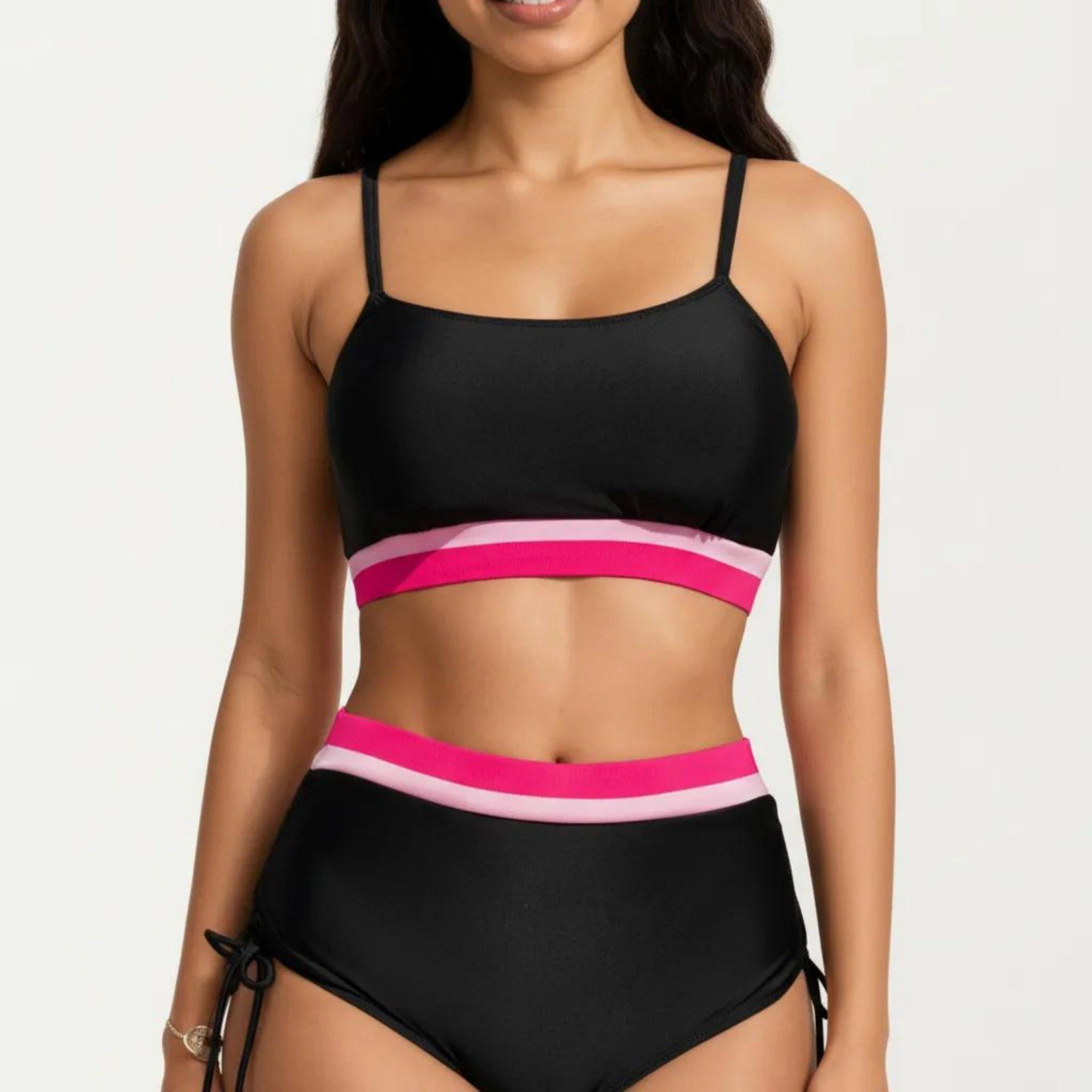 Anna-Kaci Women's Two Piece Bikini Set with Scoop Neck Top High Waist Bottom and Contrast Trim
