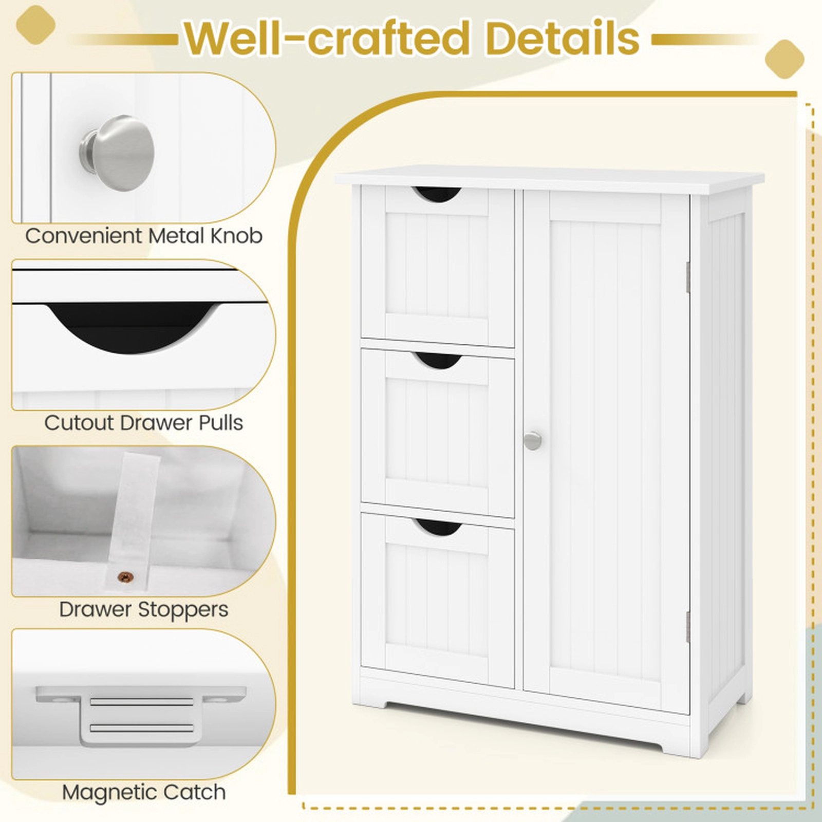 SUGIFT White 70-lb Top Capacity 3-Drawer Bathroom Floor Storage Cabinet with Cupboard and Adjustable Shelf