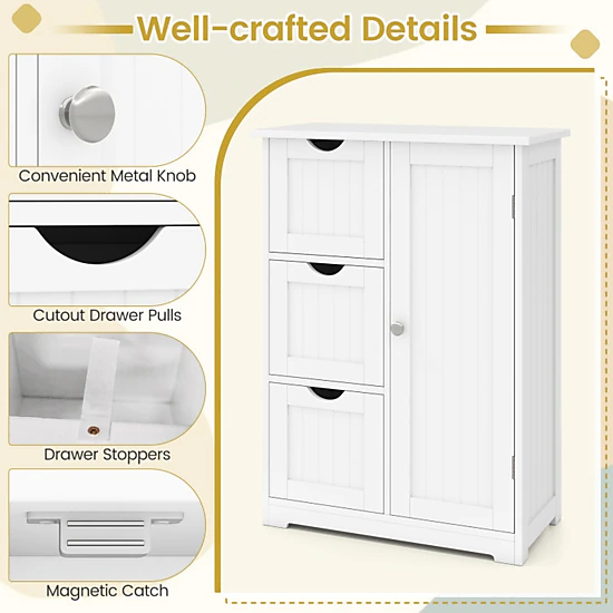 SUGIFT White 70-lb Top Capacity 3-Drawer Bathroom Floor Storage Cabinet with Cupboard and Adjustable Shelf
