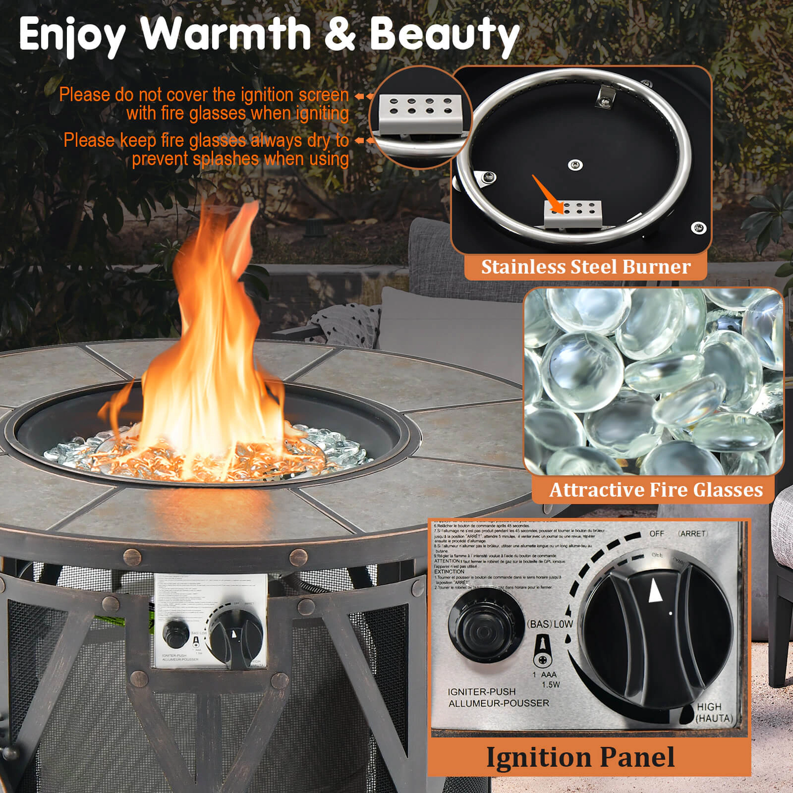 SUGIFT 32-Inch Propane Fire Pit Table, 30,000 BTU, Ceramic Tile Top, Fire Glass and PVC Cover