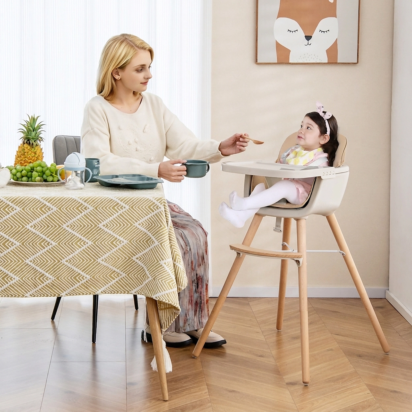 6-in-1 Convertible Wooden Highchair for Toddlers Adjustable Legs 3-Position Tray PU Leather Cushion Light Brown