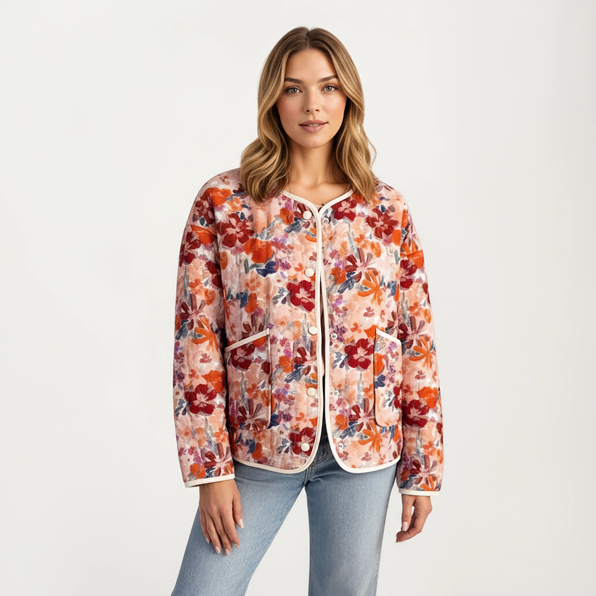 Anna-Kaci Women's Floral Print Button-Up Quilted Jacket with Front Pockets and Contrast Trim