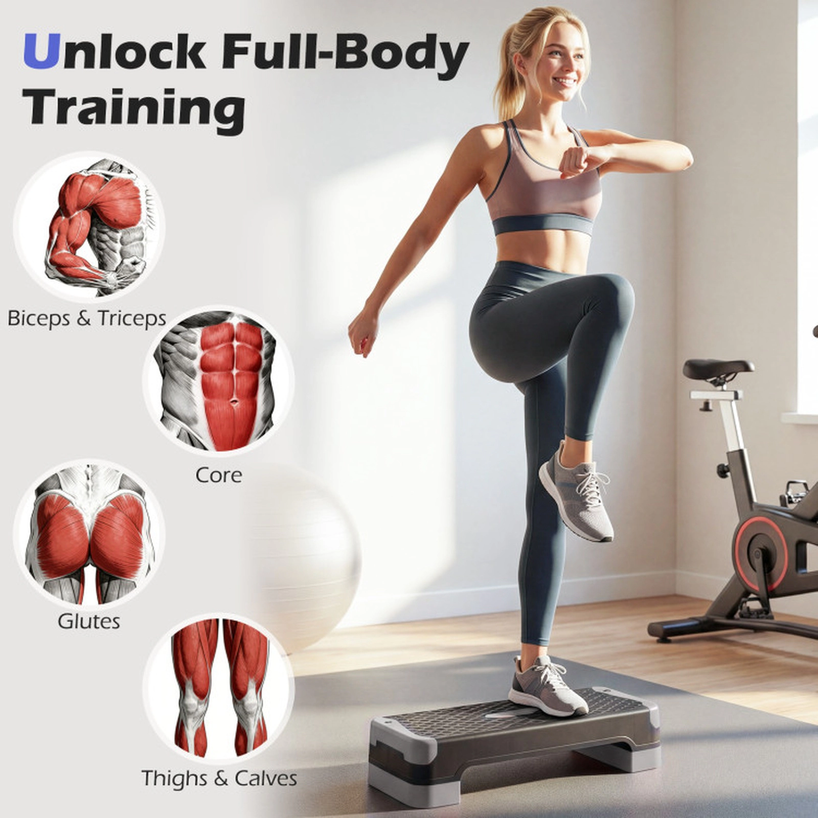 SUGIFT 3-in-1 Aerobic Step Platform Ab Trainer Set with Risers and Balance Trainers 660-lb Static 550-lb Dynamic