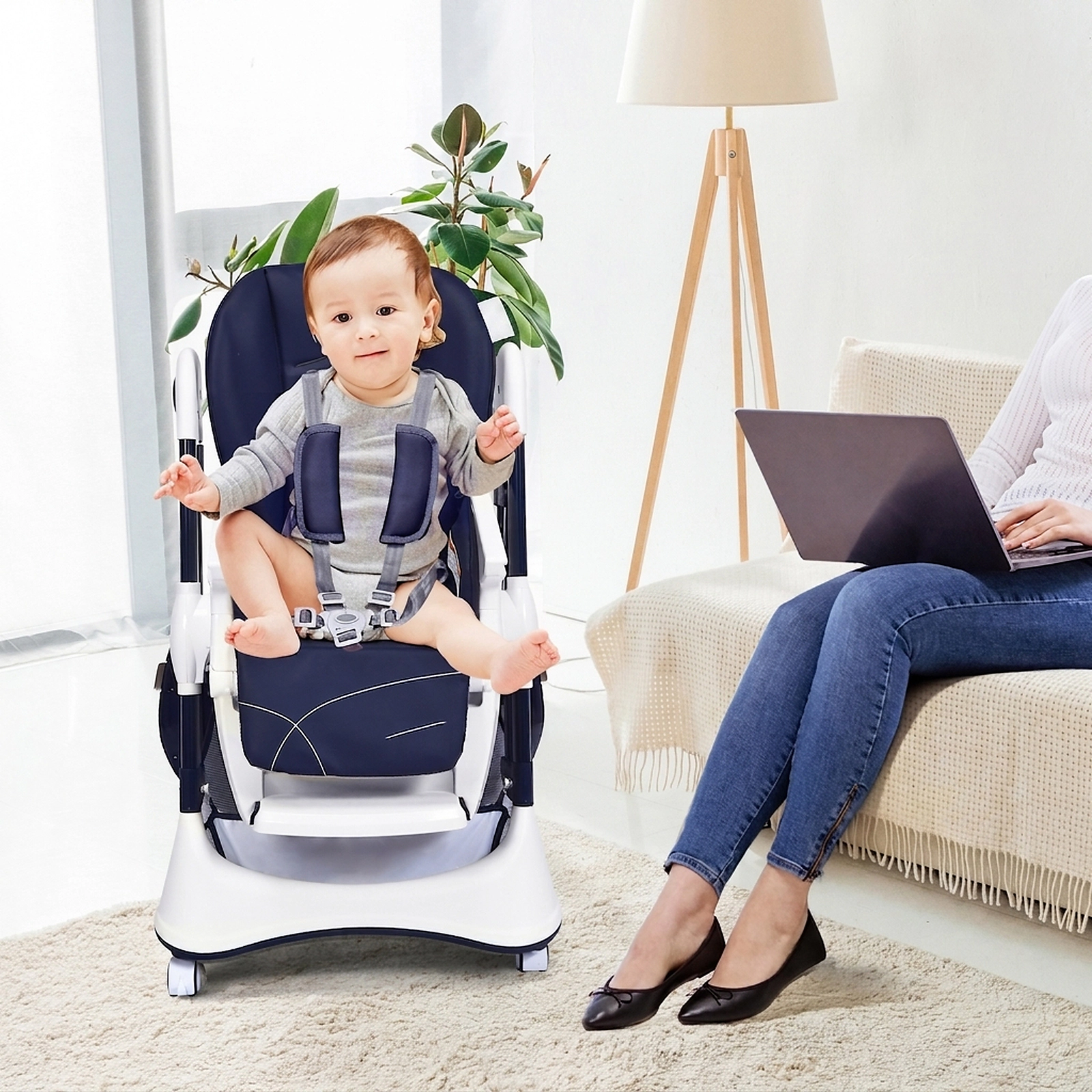 A-Frame Foldable Baby High Chair 4 Lockable 360-Degree Wheels 7 Adjustable Heights 50-lb Capacity 0 to 36 Months Navy