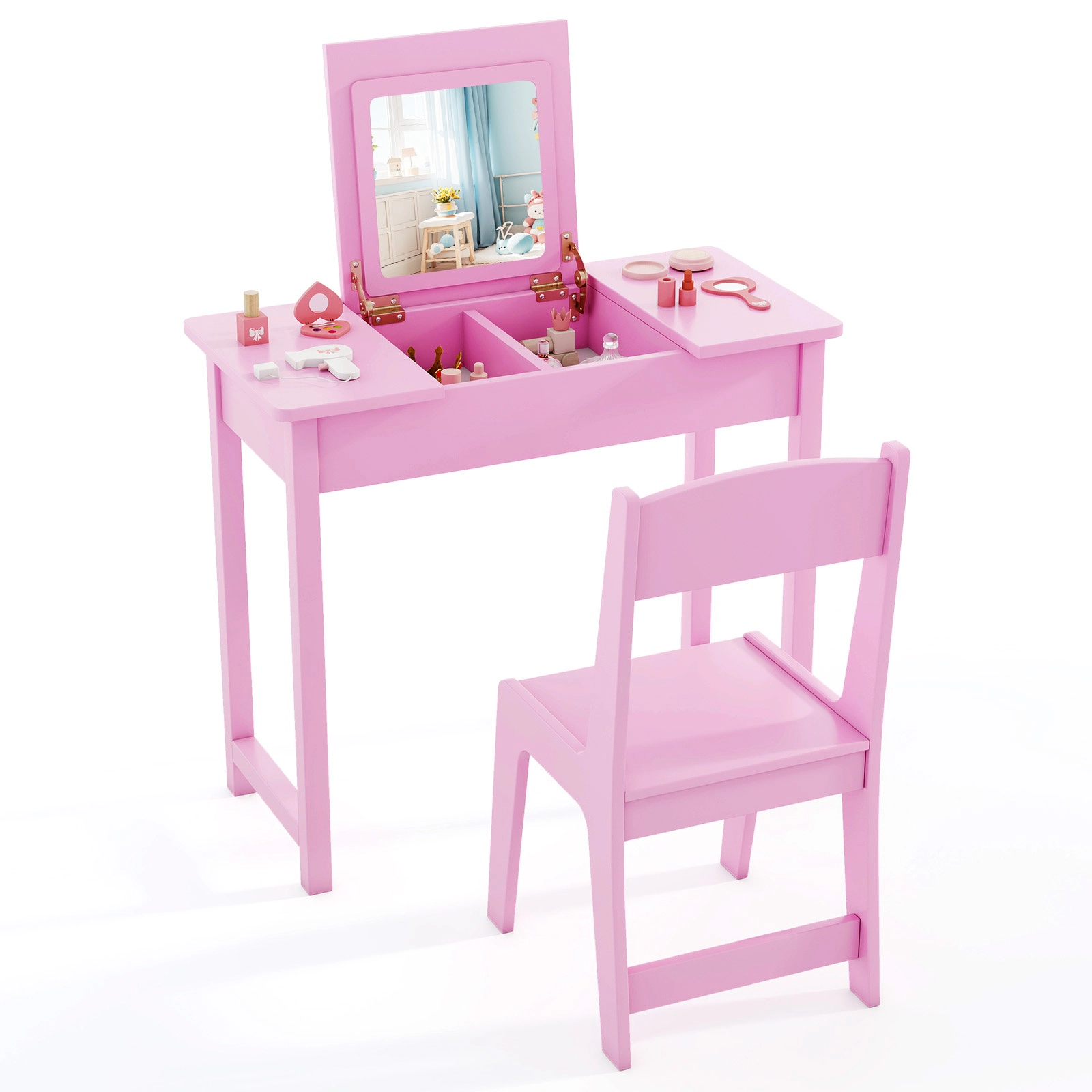 SUGIFT Kids Flip Top Mirror Hidden Storage Vanity Makeup Table and Chair Set 27.5-in x 13.5-in x 24-in 110-lb Pink