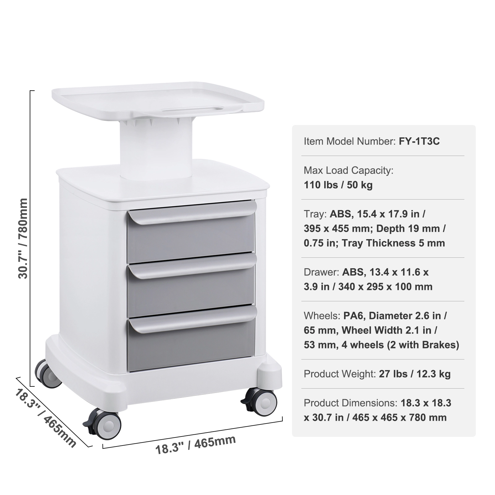HONGGE Lab Carts Lab Utility Cart with & 1 Top Tray Mobile Medical Cart with ABS Material Lab Rolling Cart with 4