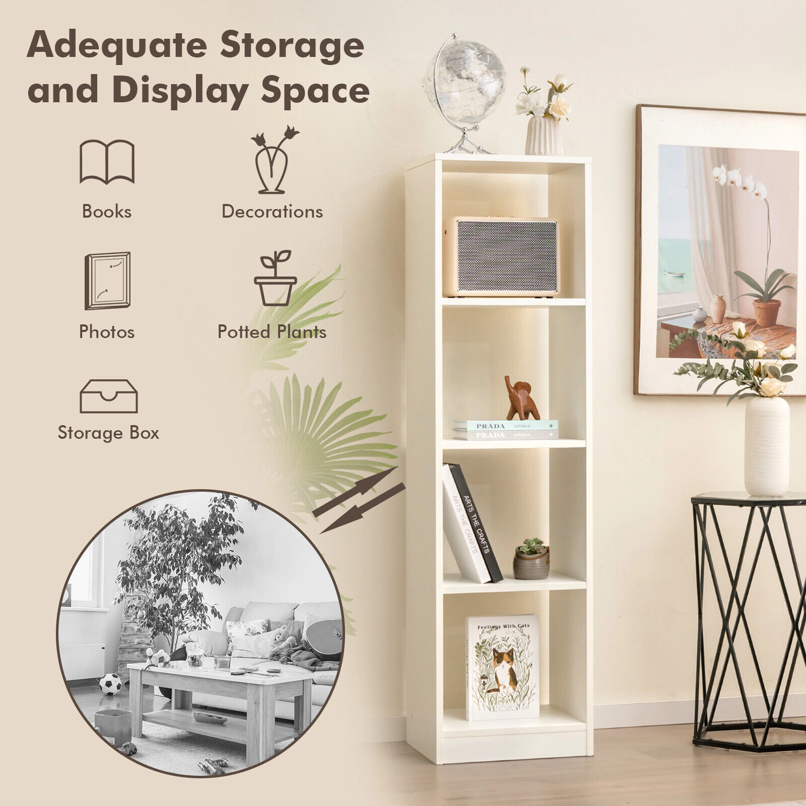 SUGIFT 5-Tier 4-Cube 56-in Tall Narrow Bookshelf with 4 Anti-Tipping Kits and 33-lb Tiers for Small Spaces