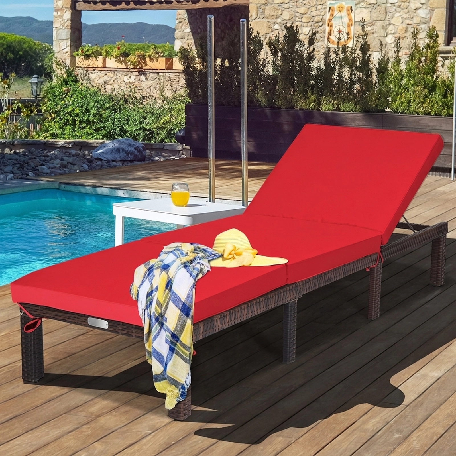 SUGIFT Red Outdoor Wicker Chaise Lounge with Cushion, 6 Reclining Positions