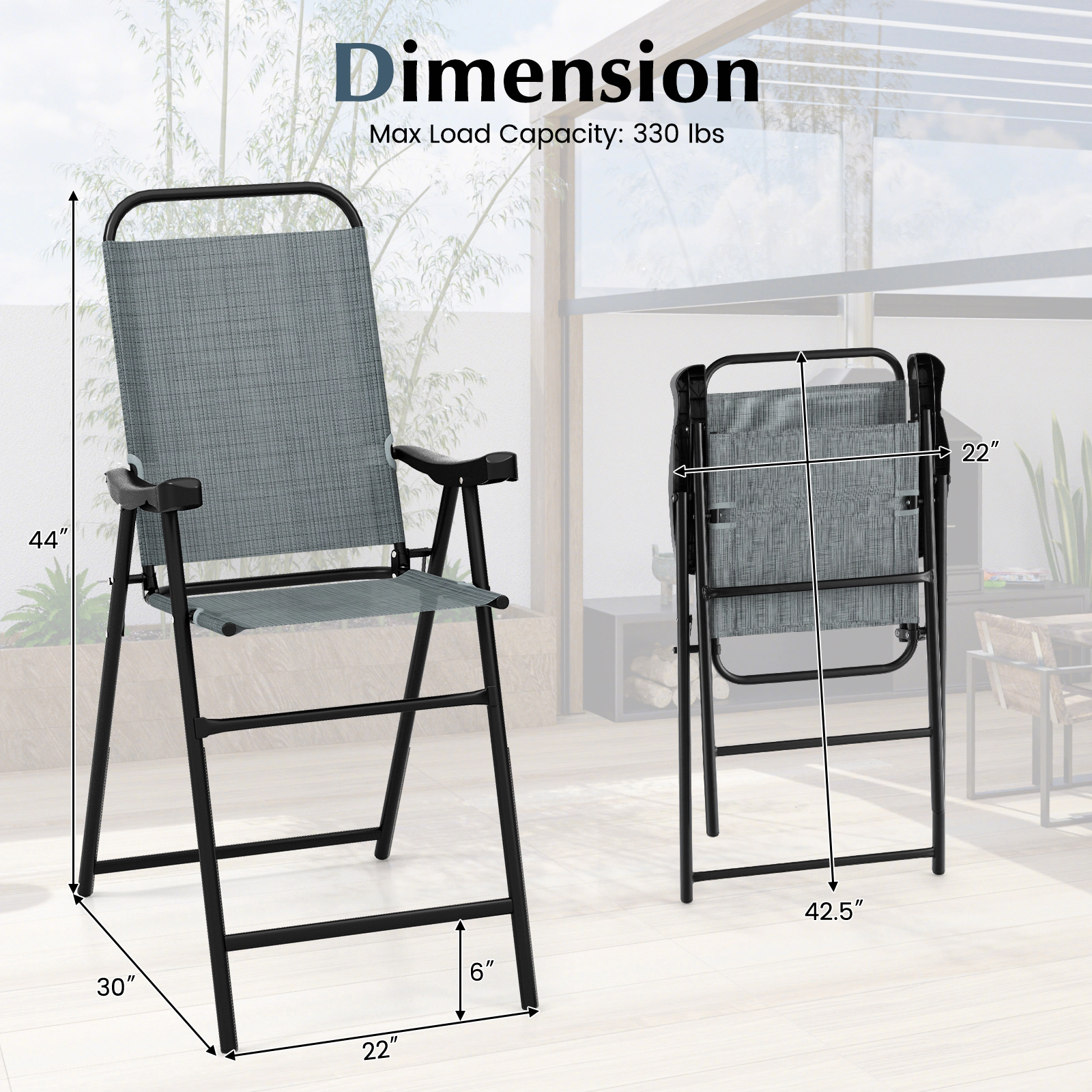 SUGIFT Folding Patio Bar Stool Set of 2 with Metal Frame Footrest and Armrests 330-Lb Capacity Blue