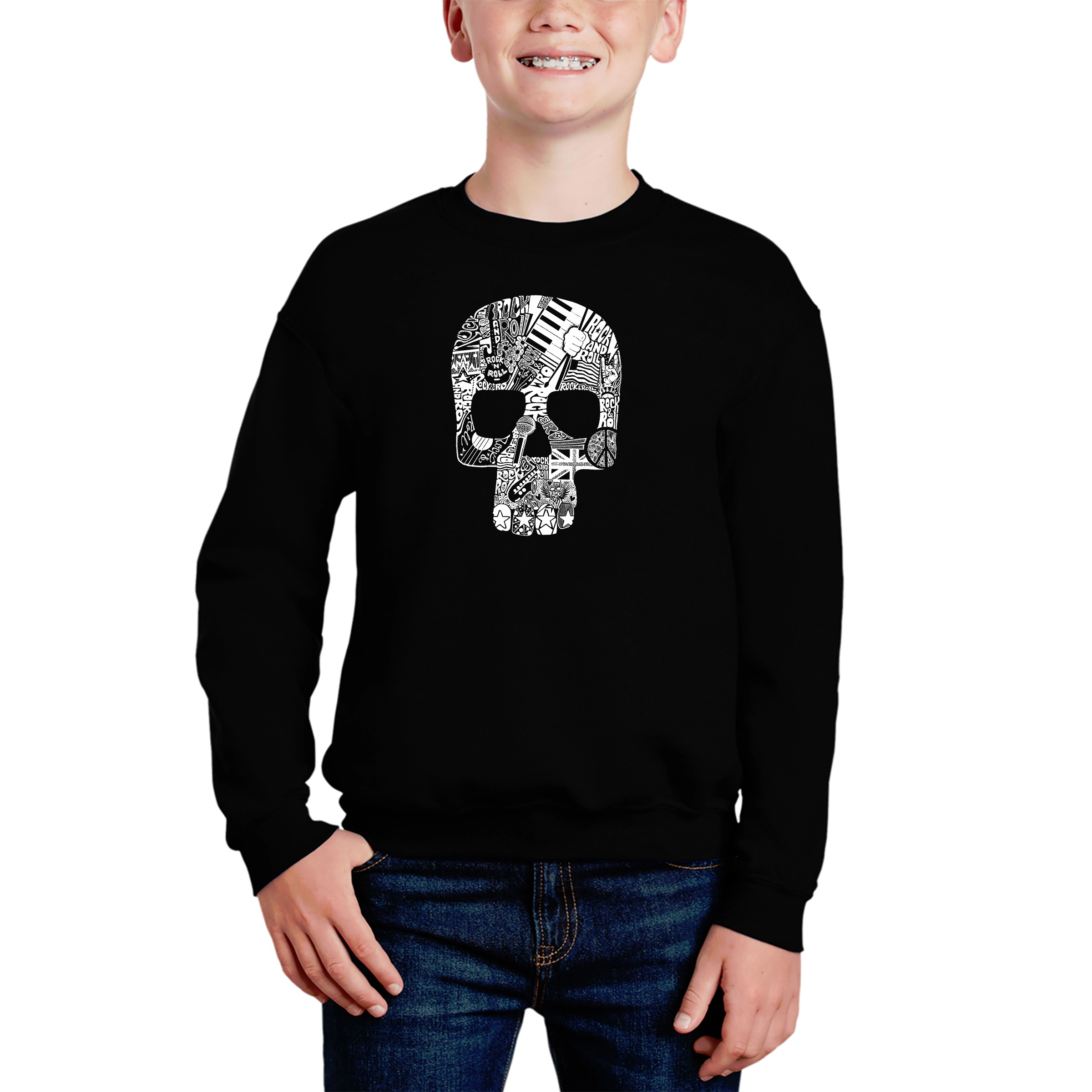 LA Pop Art Boy's Word Sweatshirt - Rock N Roll Skull
