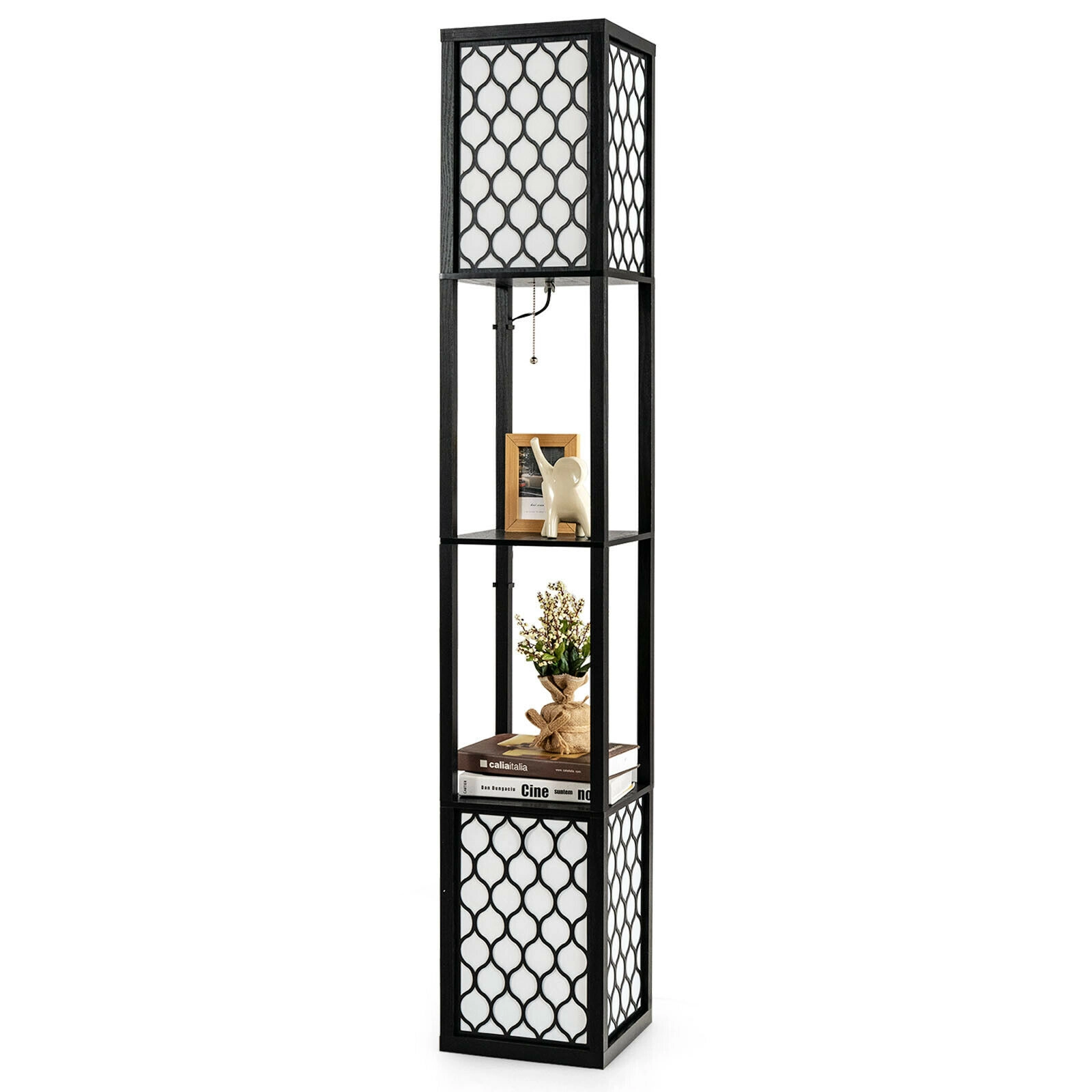 Slickblue 2-Light Shelf Floor Lamp 62in Black White with 2-Tier Storage Shelves Bedroom