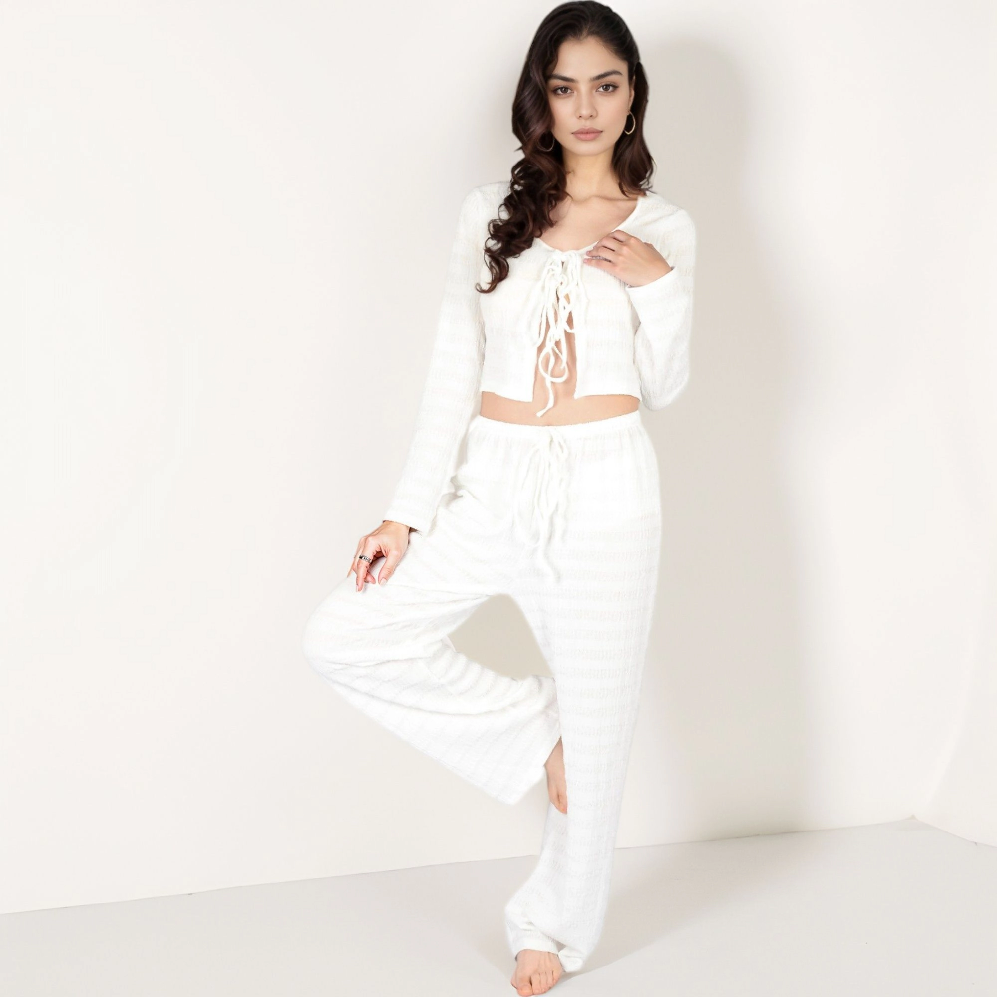 Anna-Kaci Women's Long Sleeve Waffle Knit Sleepwear Set with Front Tie Crop Top and Drawstring Lounge Pants