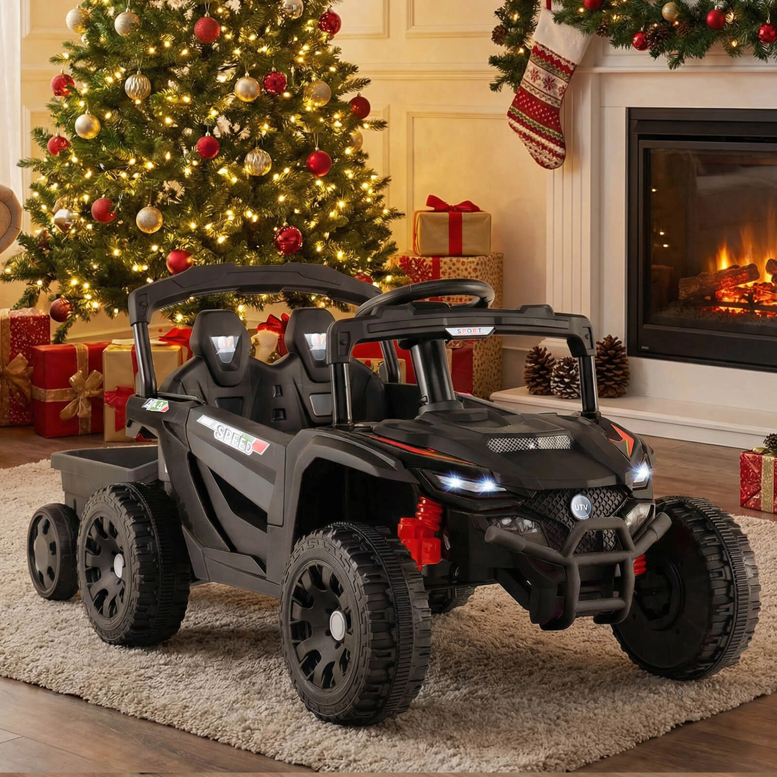 Costway 12V Kids Ride On UTV with Detachable Trailer, Remote Control, 3 Speeds, LED Lights Black