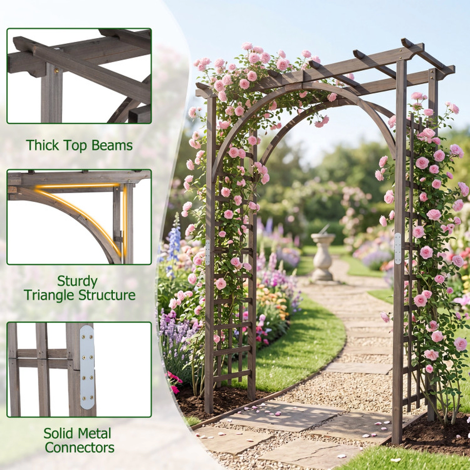 SUGIFT 85-in Flat Top Dark Brown Fir Wood Garden Arch Trellis with 52-in Wide Entry and Metal Connectors