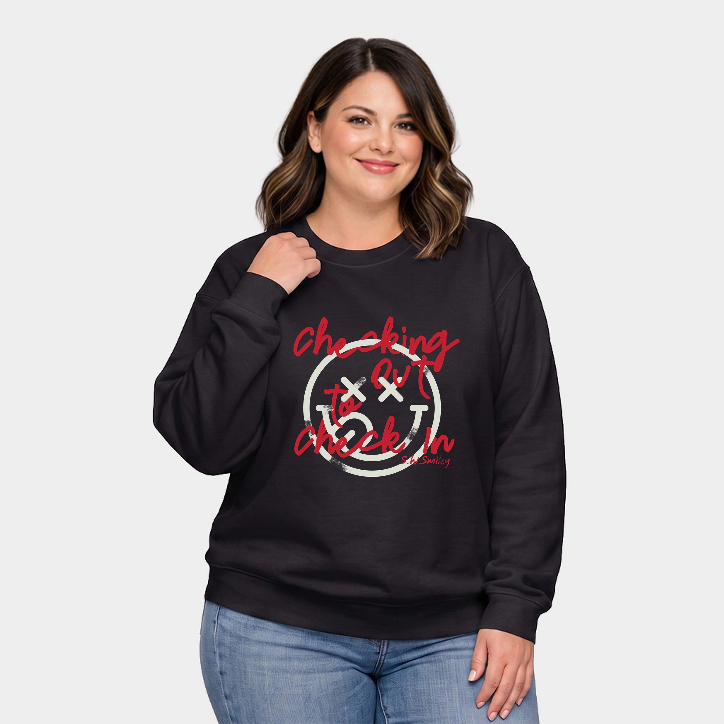 Simply Sage Market - Women's Plus Sweatshirt S.W.Smiley Checking Out