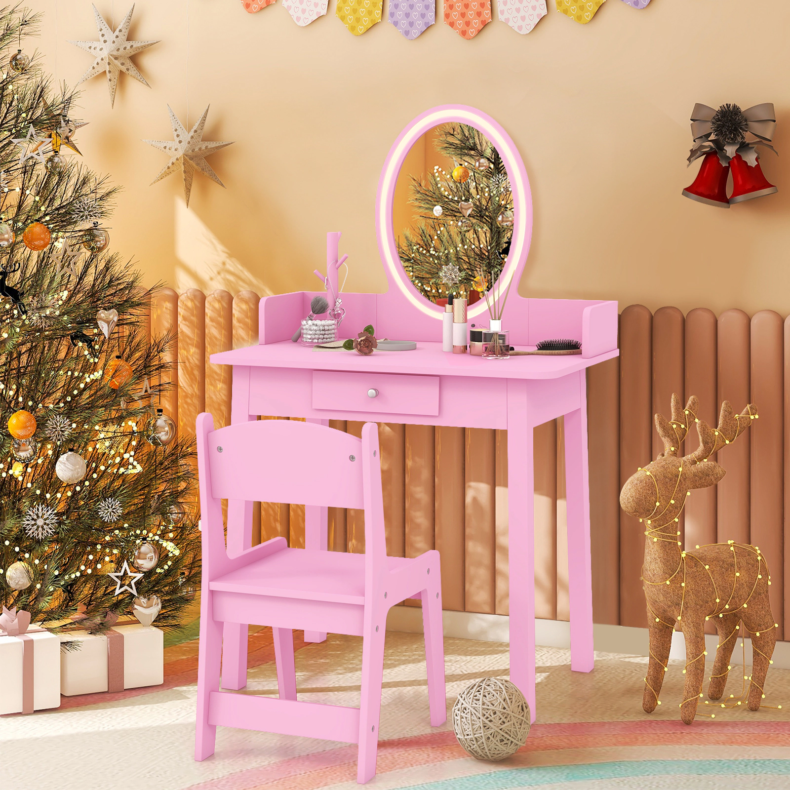 SUGIFT Kids Vanity Desk and Chair Set with LED Lighted Mirror 66-lb Table 110-lb Stool Capacity Ages 3-8 White/Pink