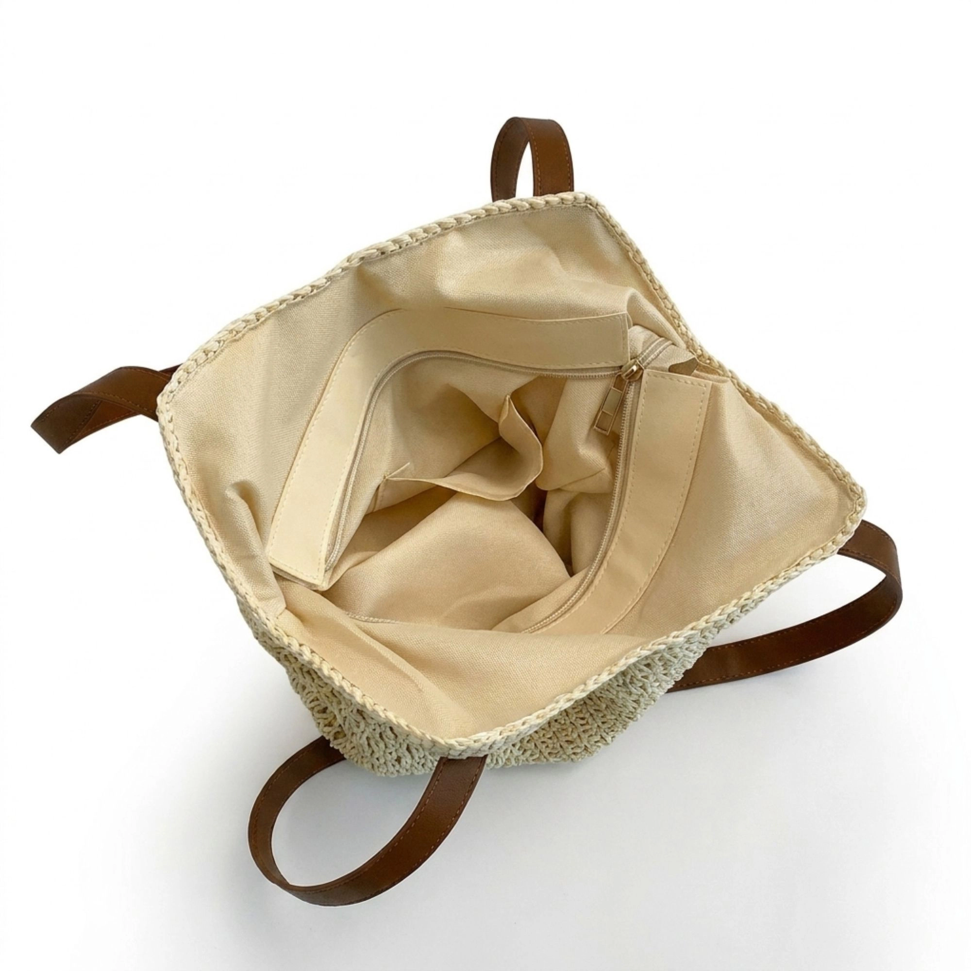 Alilang Women's Cotton Crochet Woven Tote Bag with Shoulder Straps and Inner Pocket, Beige