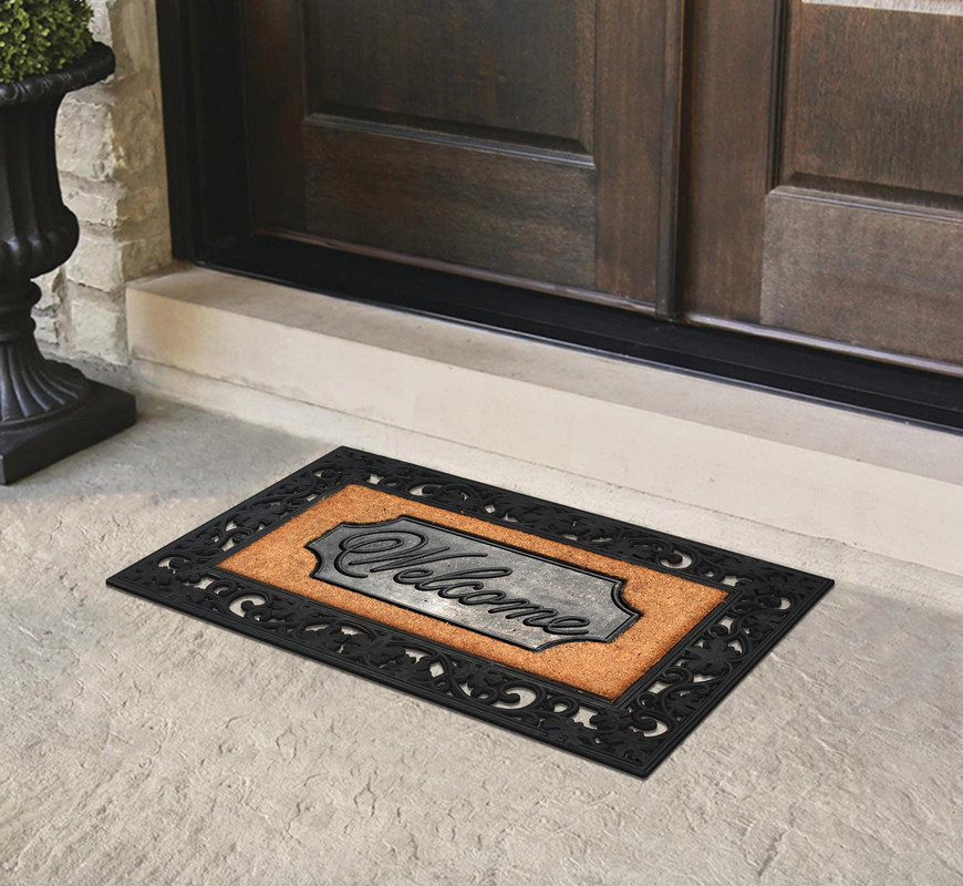 A1HC Coir and Rubber Door Mat 38x23 Inches Anti-Shed Heavy Duty Non-Slip Black Floral Border