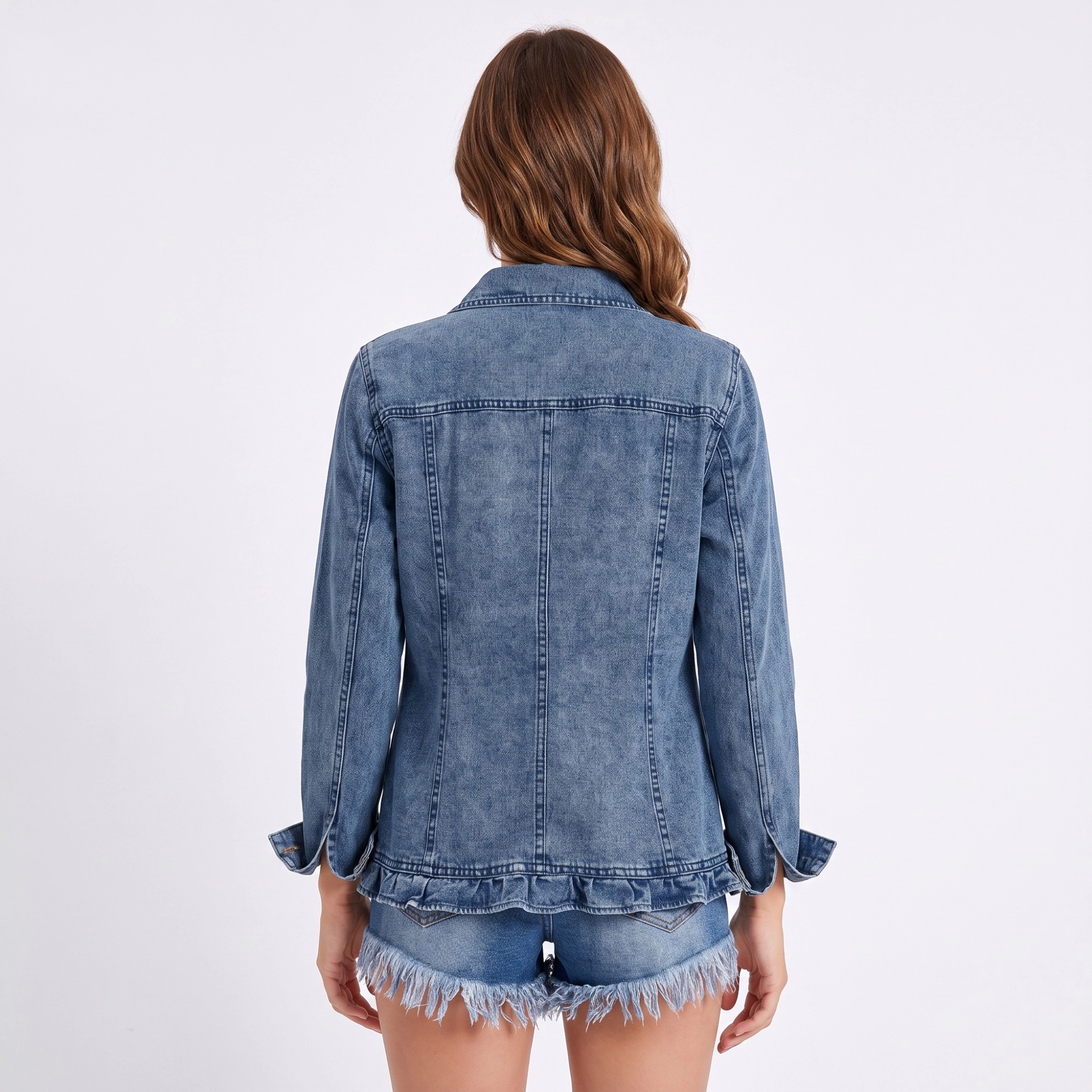 Anna-Kaci Women's Ruffle Trim Denim Jacket Long Sleeve Button Front Jean Blazer