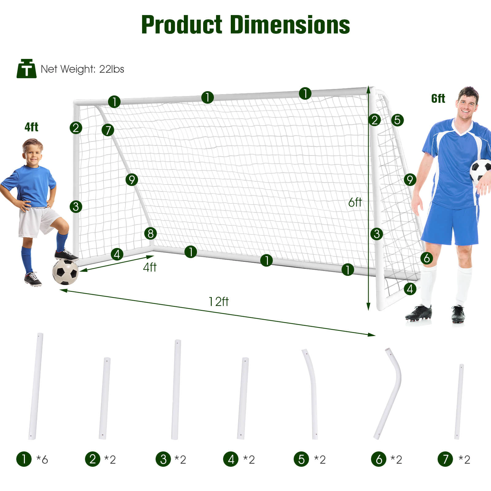 SUGIFT 12 x 6-ft Soccer Goal Thickened PVC Frame PE Net 6 Ground Pegs 143.7 x 47.24 x 71.65-in Ages 6+ White