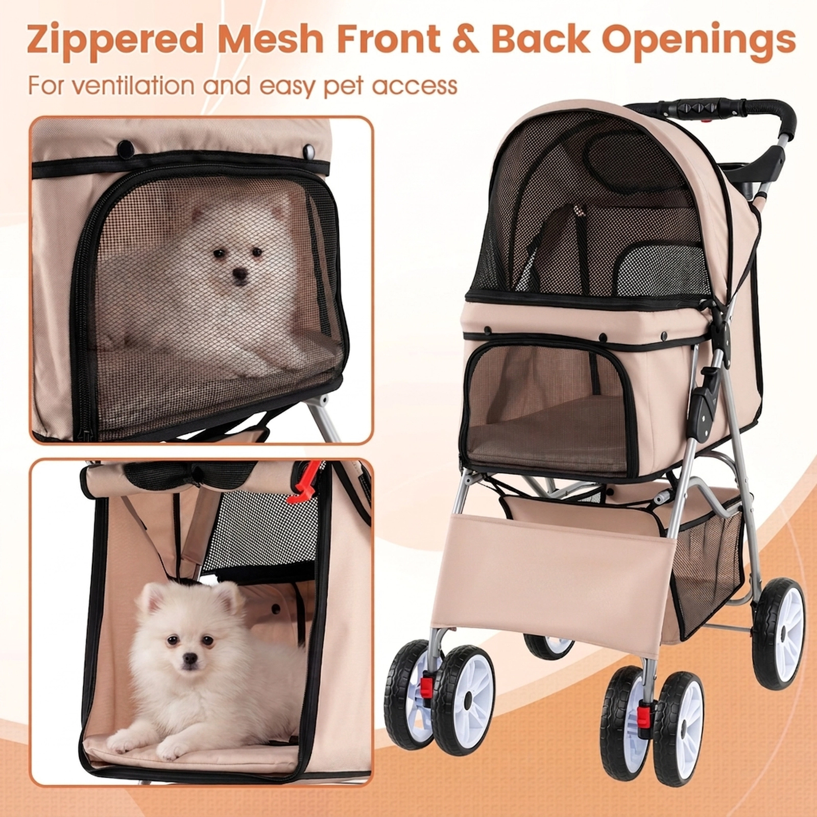 SUGIFT Beige 4-Wheel 33-lb Capacity Folding Pet Stroller for Small Dogs and Cats with Cup Holder and Basket