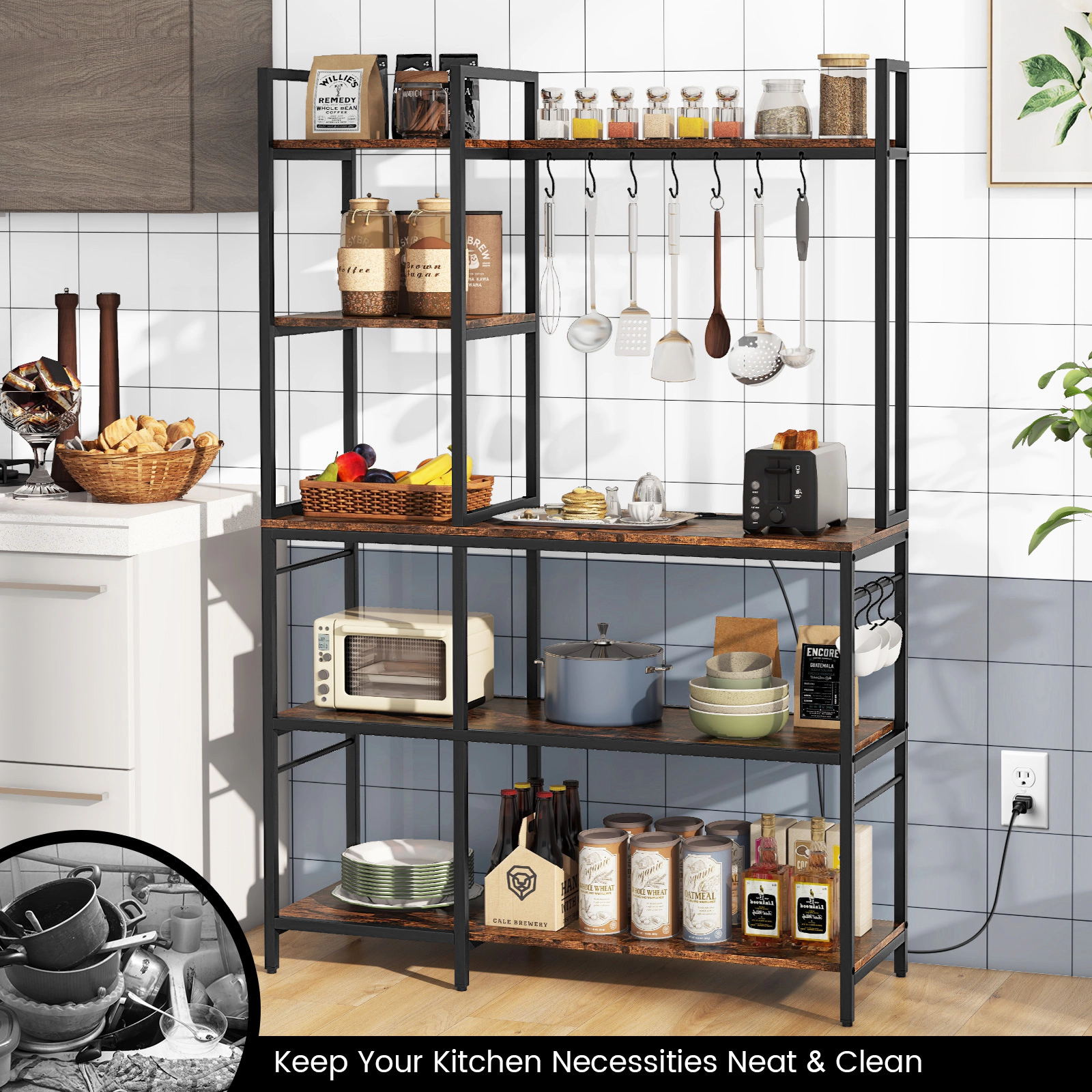 SUGIFT 5-Tier Bakers Rack Rustic Brown with Power Outlets and 10 S-Shaped Hooks