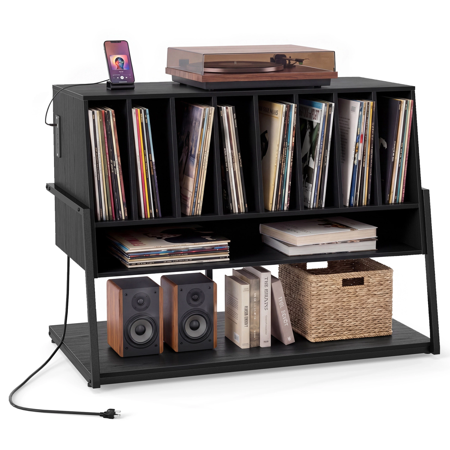 LJG Turntable Stand with Charging Station and Vinyl Storage