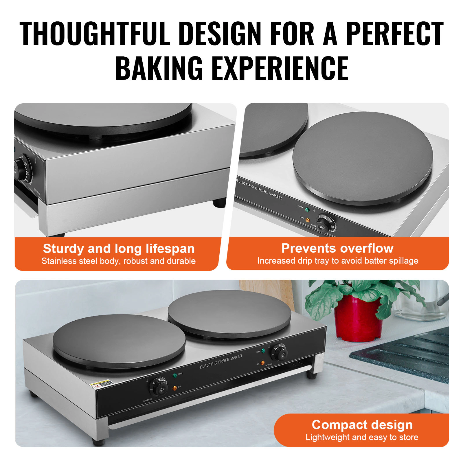 HONGGE Electric Crepe Maker, 16-Inch Commercial Crepe Machine, Flat Plate Crepe Griddle, Nonstick Stainless Steel