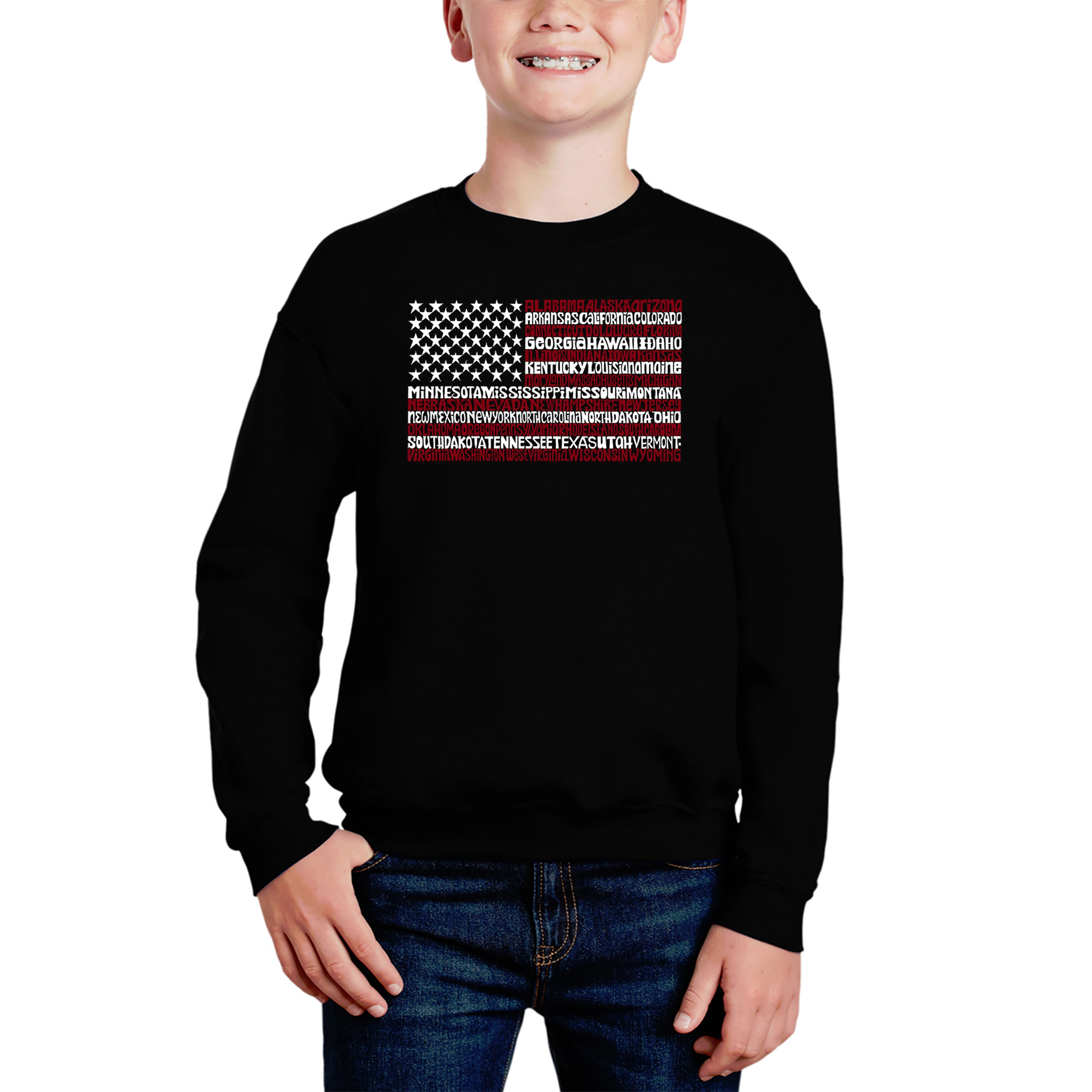 LA Pop Art Boy's Word Sweatshirt - 50 States Usa Flag