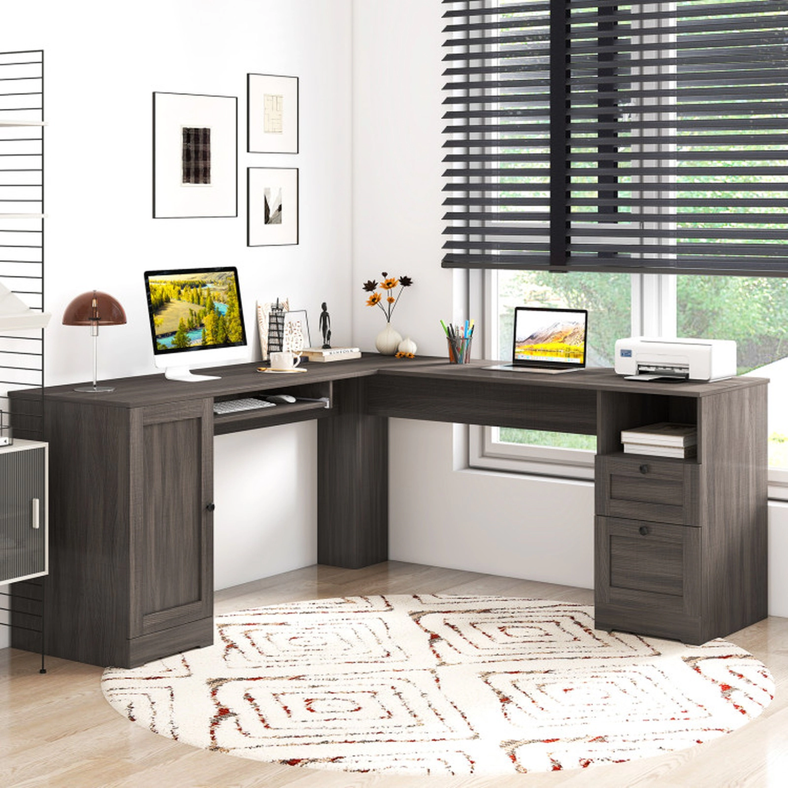 SUGIFT Keyboard Tray Drawers Power Outlets L-Shaped Computer Desk 66-in x 66-in x 30-in 165-lb Capacity Dark Gray