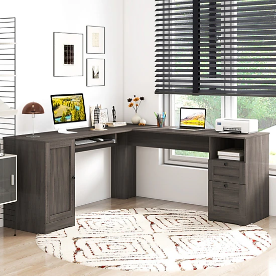 SUGIFT Keyboard Tray Drawers Power Outlets L-Shaped Computer Desk 66-in x 66-in x 30-in 165-lb Capacity Dark Gray