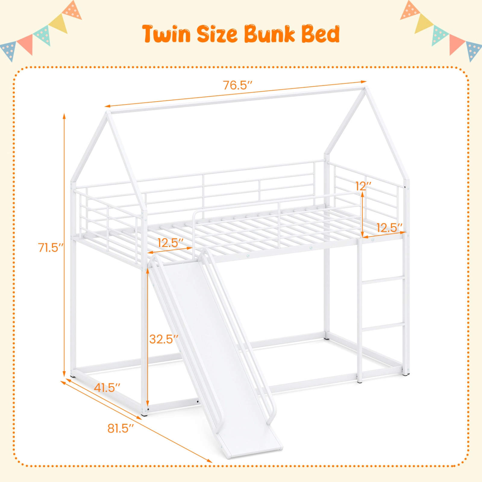 SUGIFT White Slide and Guardrails House-Shaped Metal Twin Over Twin Kids Low Bunk Bed