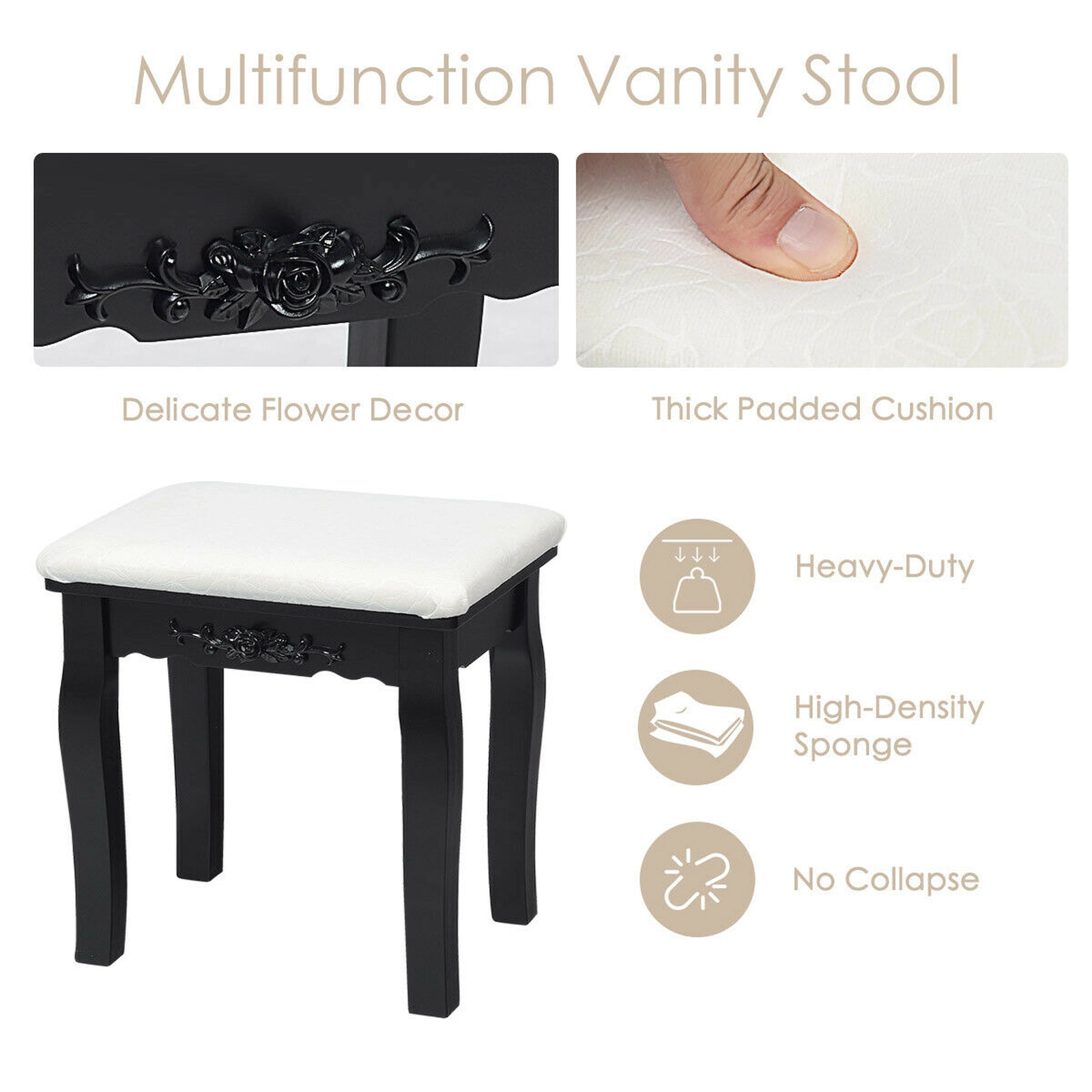 SUGIFT 10 Dimmable Lights Vanity Table Set with Lighted Mirror and Cushioned Stool 287-lb Table Capacity Black